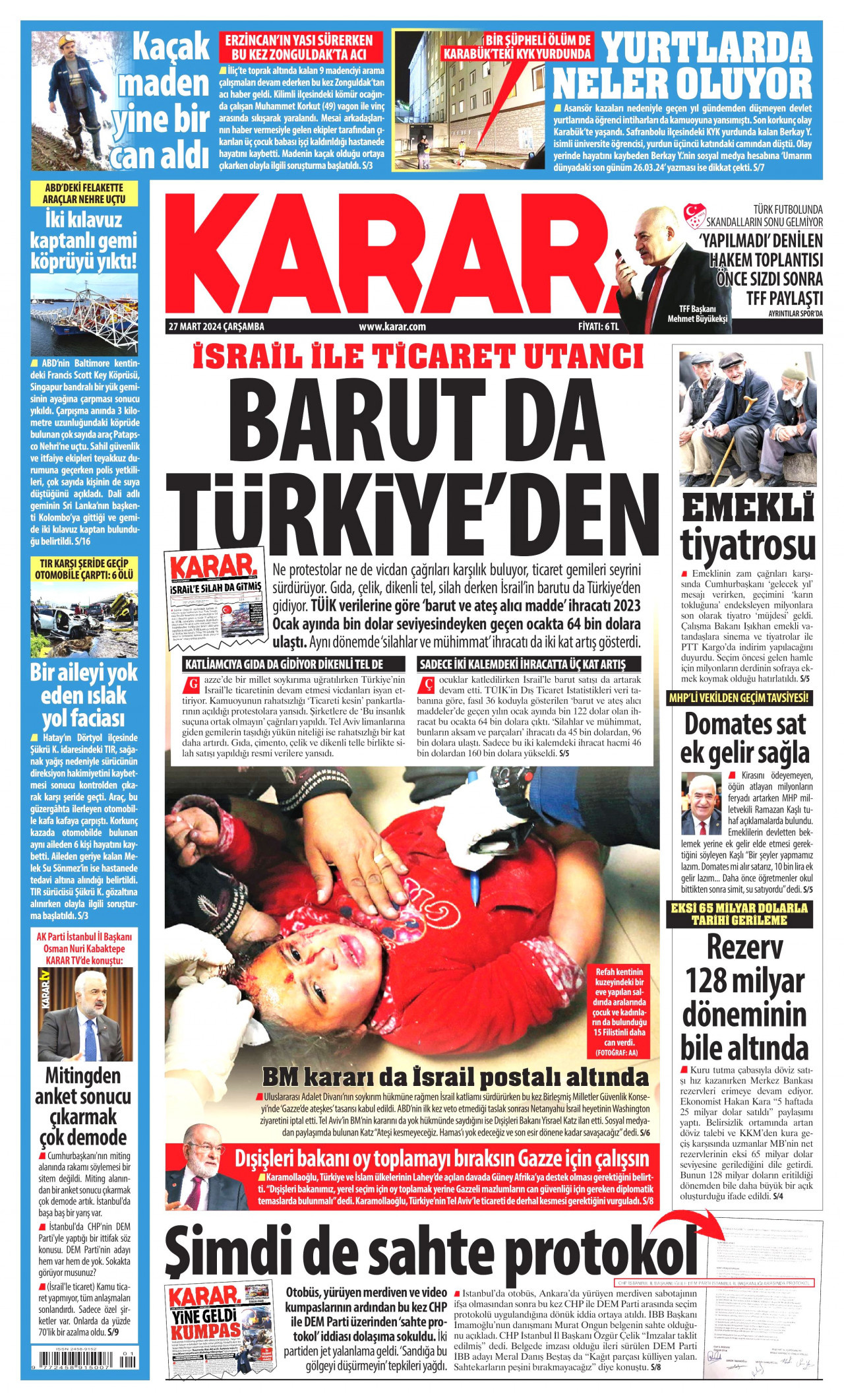 KARAR gazetesinin 27 Mart 2024 tarihli birinci sayfası