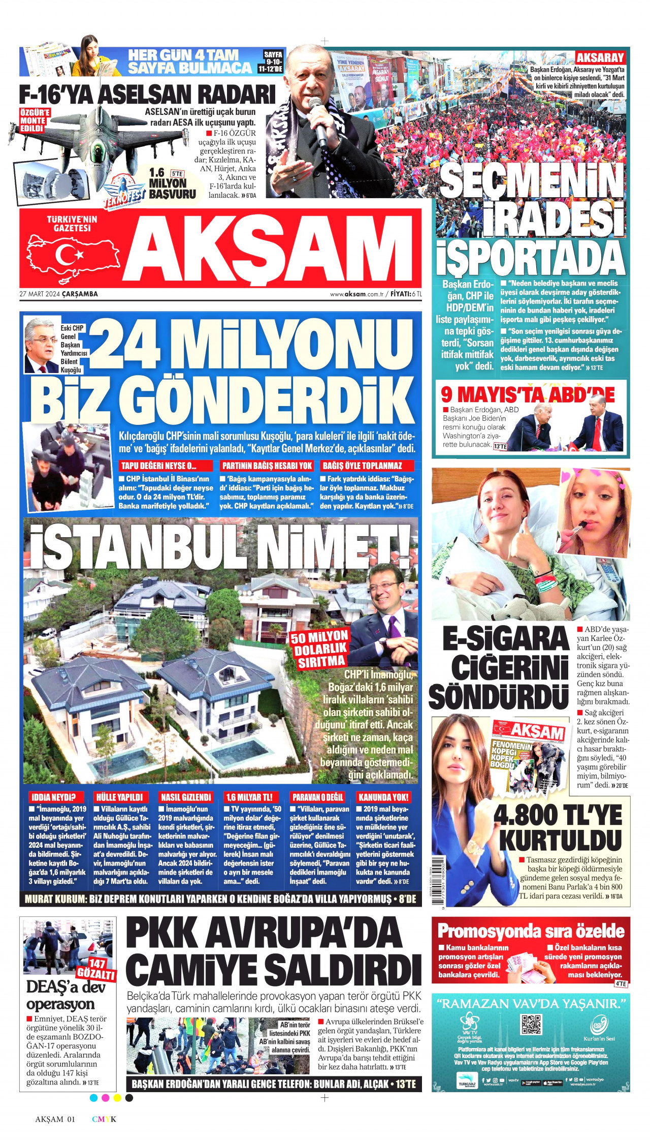 AKŞAM gazetesinin 27 Mart 2024 tarihli birinci sayfası