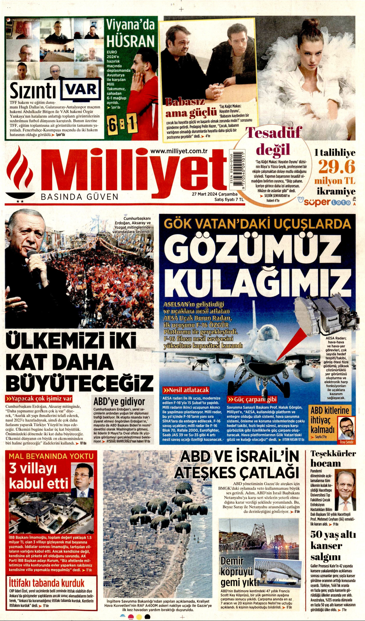 MİLLİYET gazetesinin 27 Mart 2024 tarihli birinci sayfası