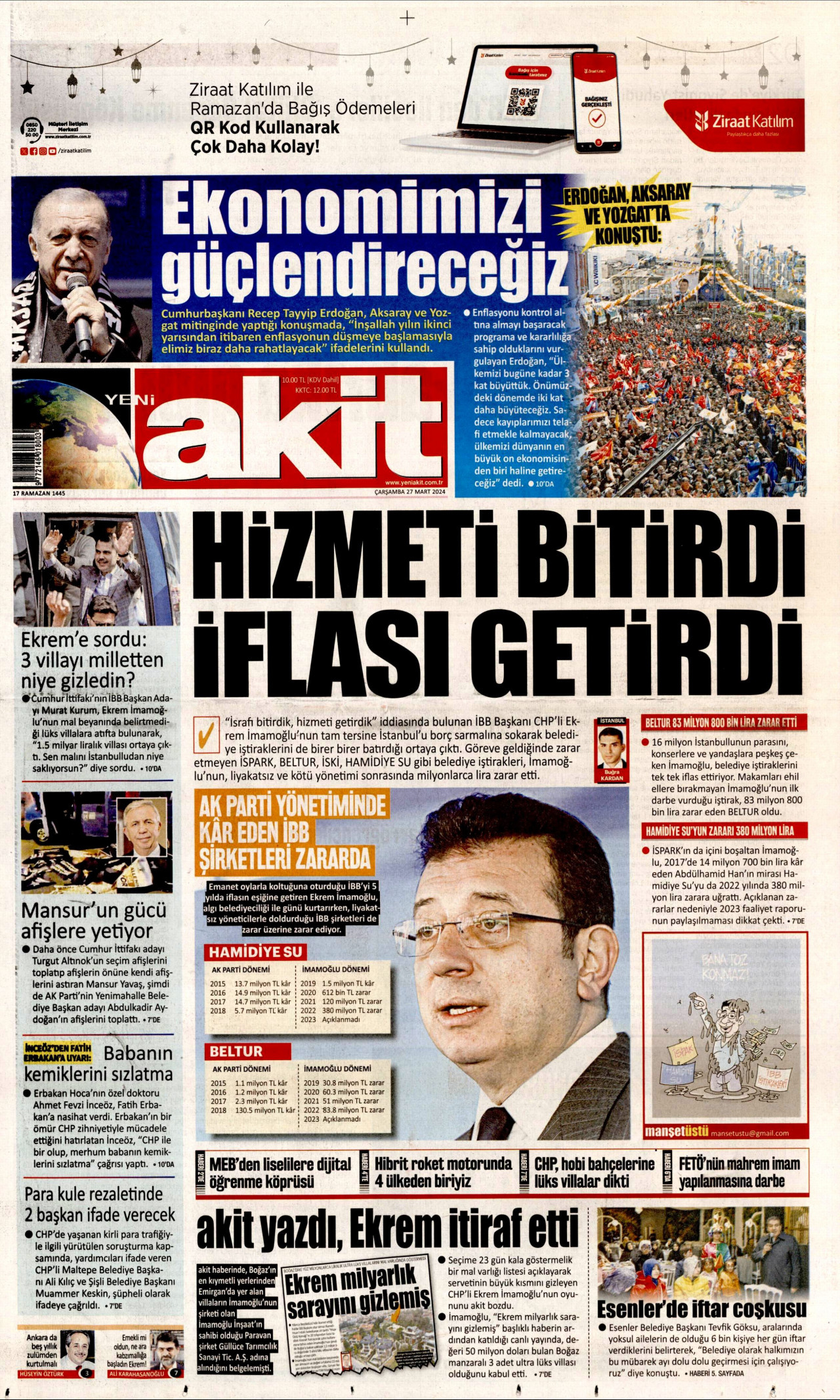 YENİ AKİT gazetesinin 27 Mart 2024 tarihli birinci sayfası