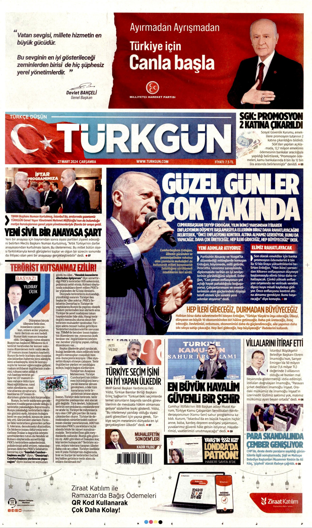 TÜRKGÜN gazetesinin 27 Mart 2024 tarihli birinci sayfası