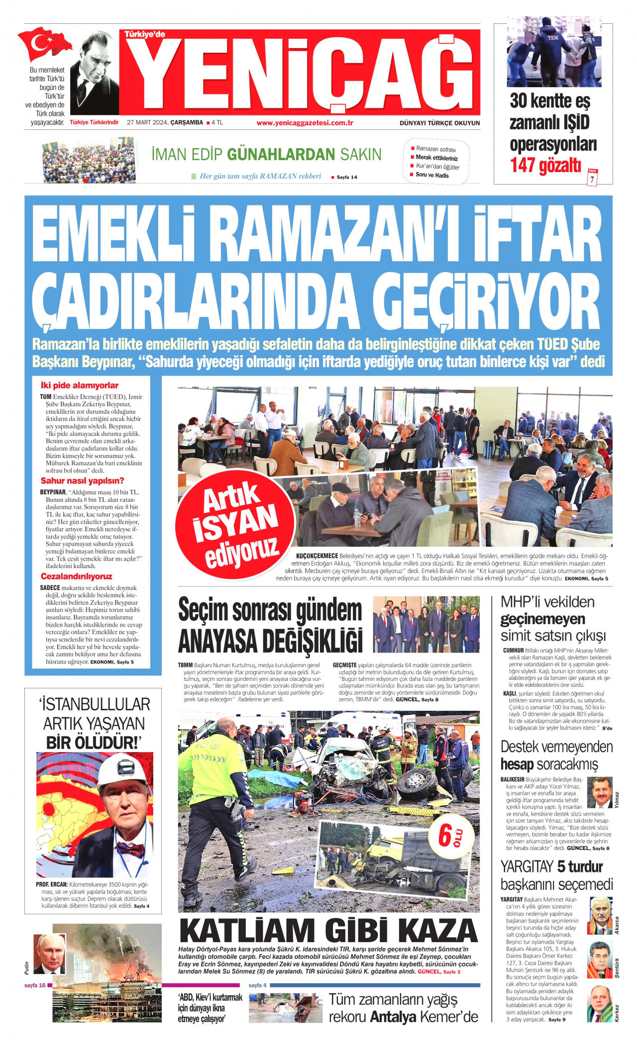 YENİÇAĞ gazetesinin 27 Mart 2024 tarihli birinci sayfası