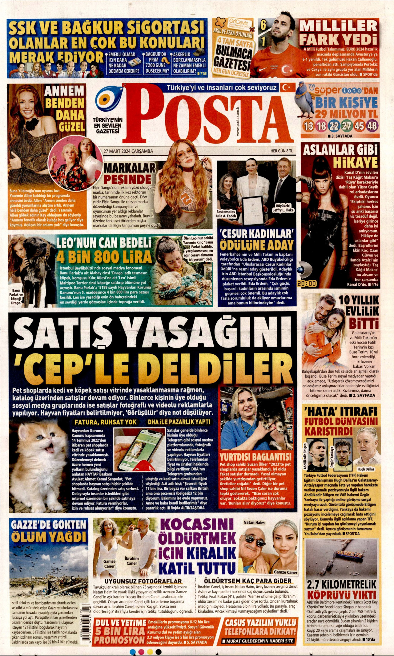 POSTA gazetesinin 27 Mart 2024 tarihli birinci sayfası