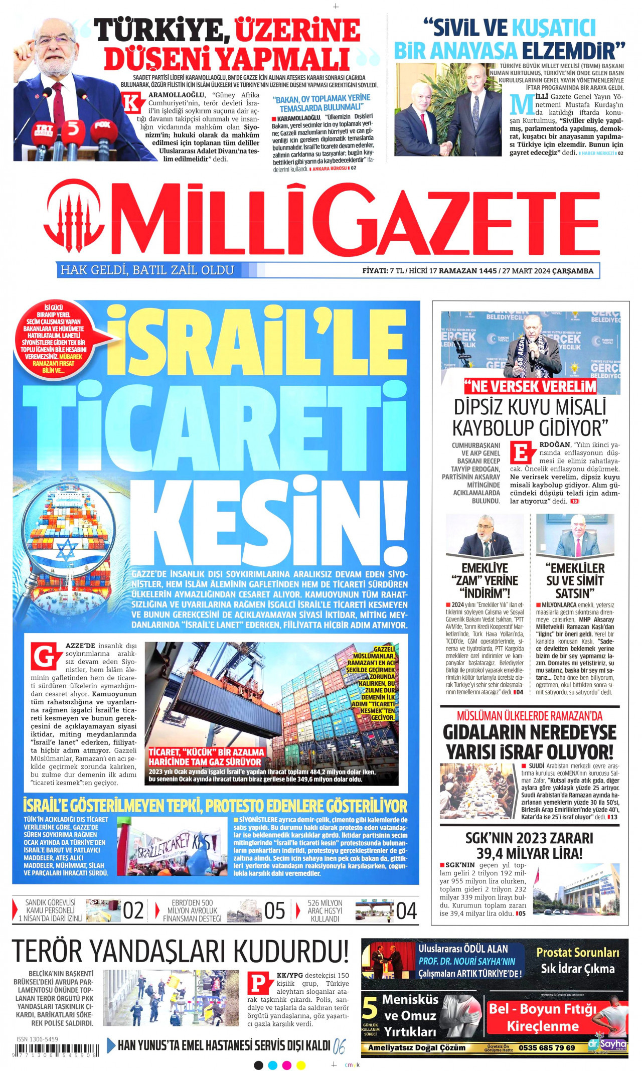 MİLLİ GAZETE gazetesinin 27 Mart 2024 tarihli birinci sayfası
