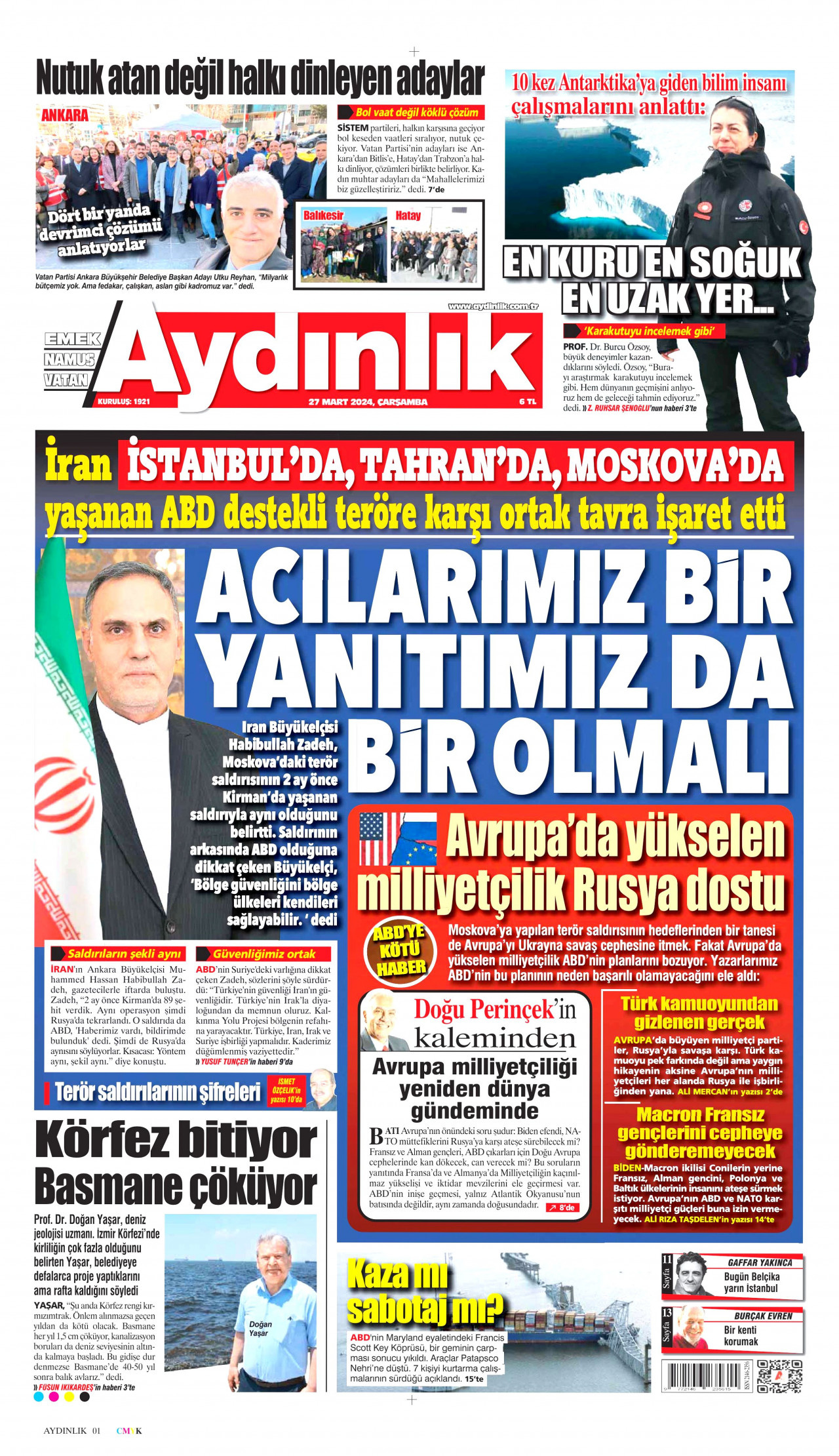AYDINLIK GAZETESİ gazetesinin 27 Mart 2024 tarihli birinci sayfası