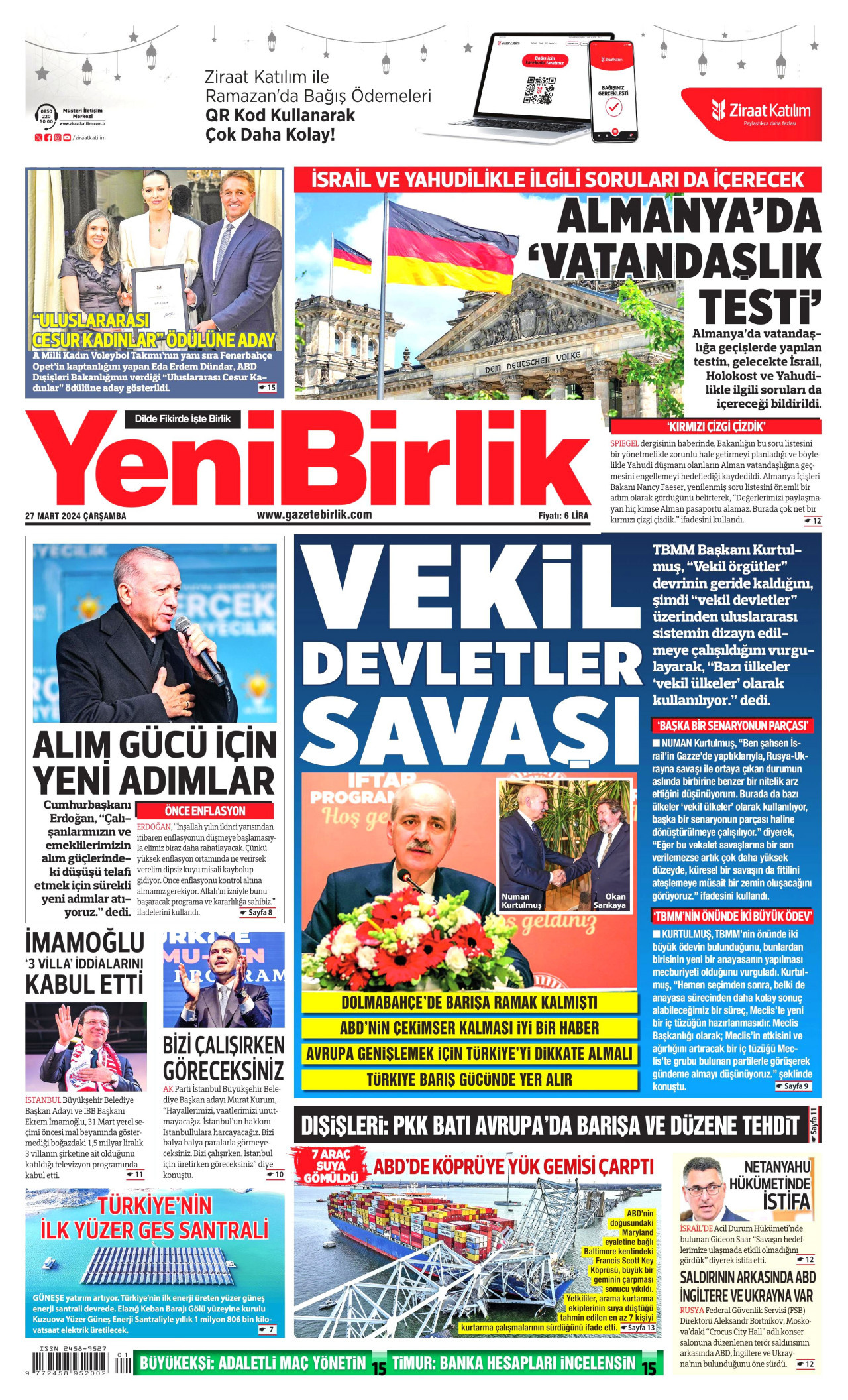 YENİBİRLİK gazetesinin 27 Mart 2024 tarihli birinci sayfası