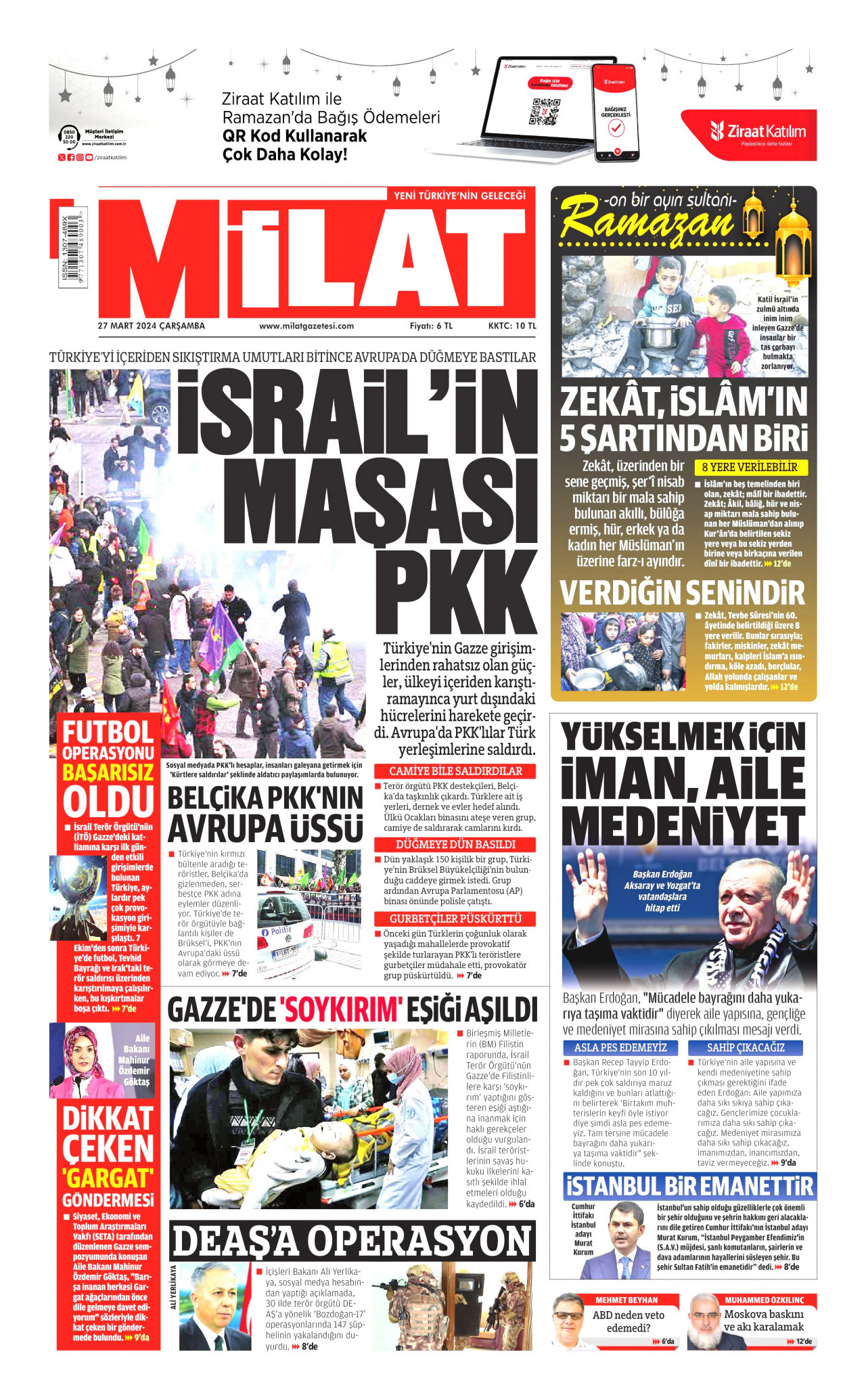 MİLAT gazetesinin 27 Mart 2024 tarihli birinci sayfası
