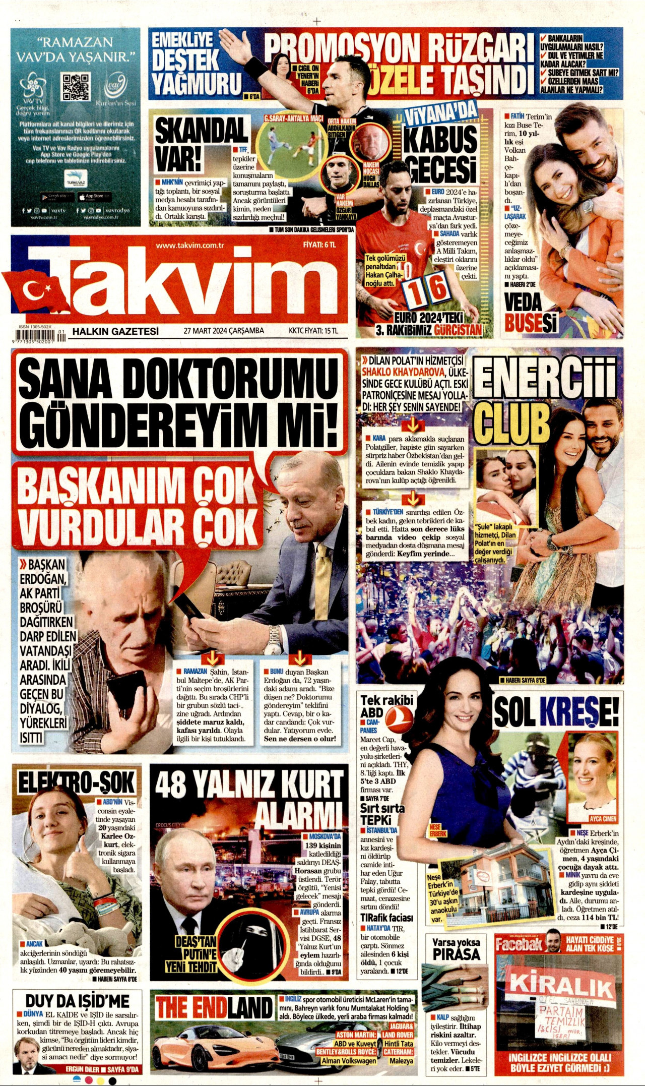 TAKVİM gazetesinin 27 Mart 2024 tarihli birinci sayfası