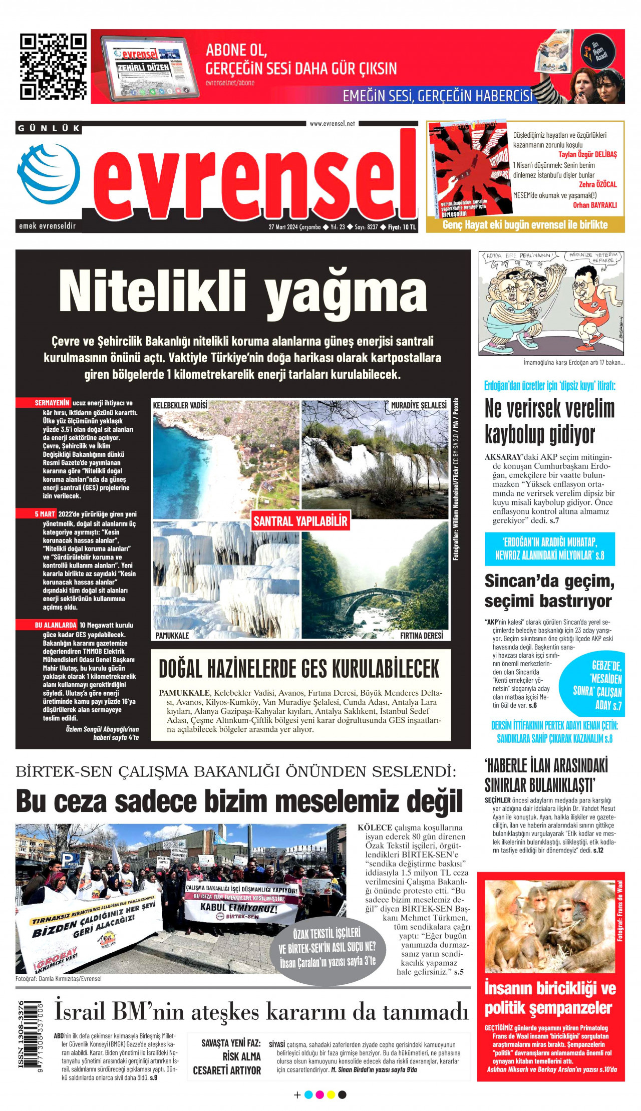 EVRENSEL gazetesinin 27 Mart 2024 tarihli birinci sayfası