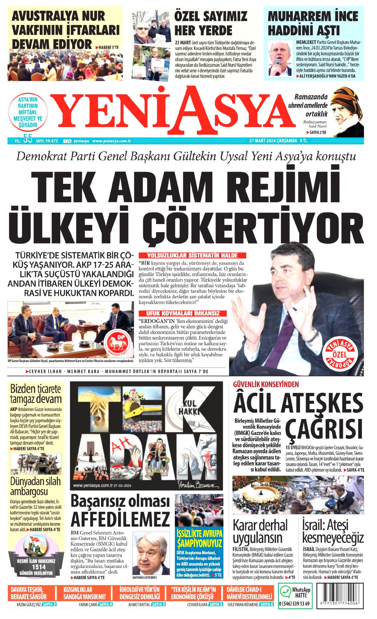 YENİ ASYA gazetesinin 27 Mart 2024 tarihli birinci sayfası