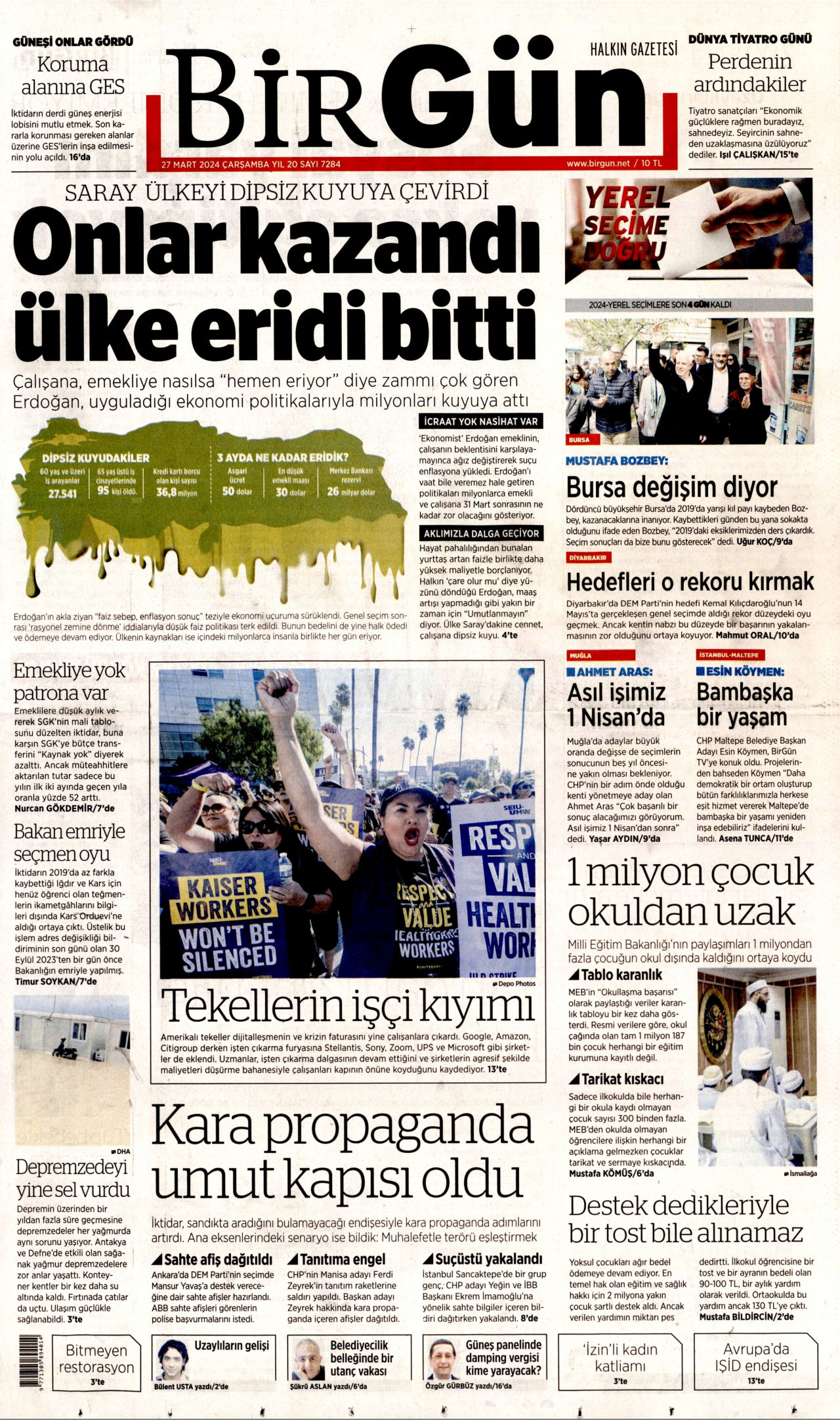 BİRGÜN gazetesinin 27 Mart 2024 tarihli birinci sayfası