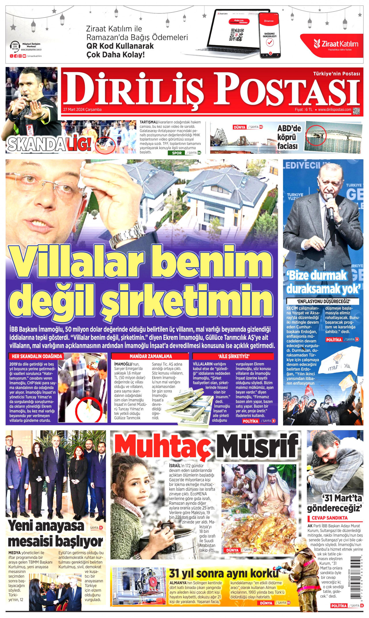 DİRİLİŞ POSTASI gazetesinin 27 Mart 2024 tarihli birinci sayfası