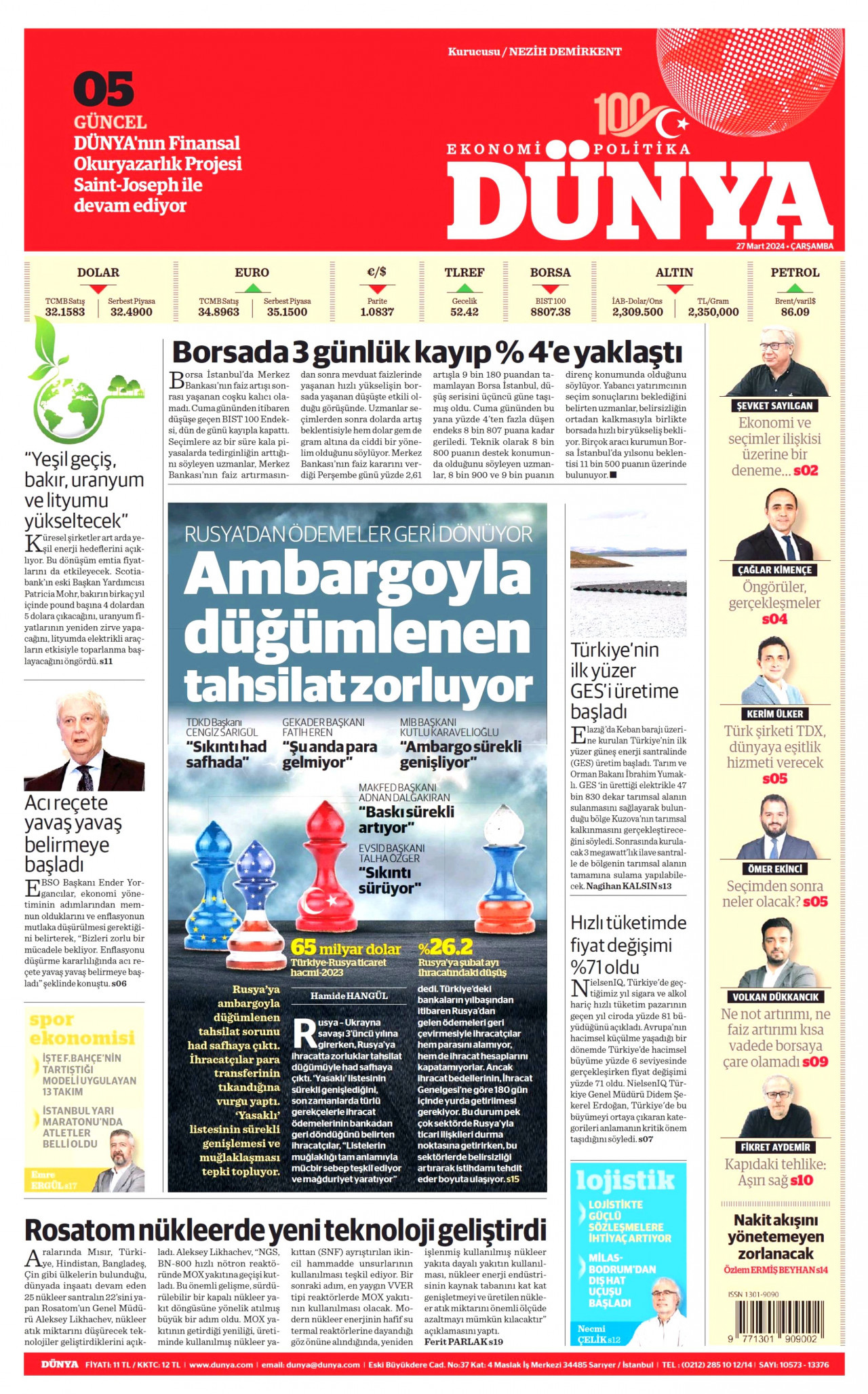 DÜNYA gazetesinin 27 Mart 2024 tarihli birinci sayfası