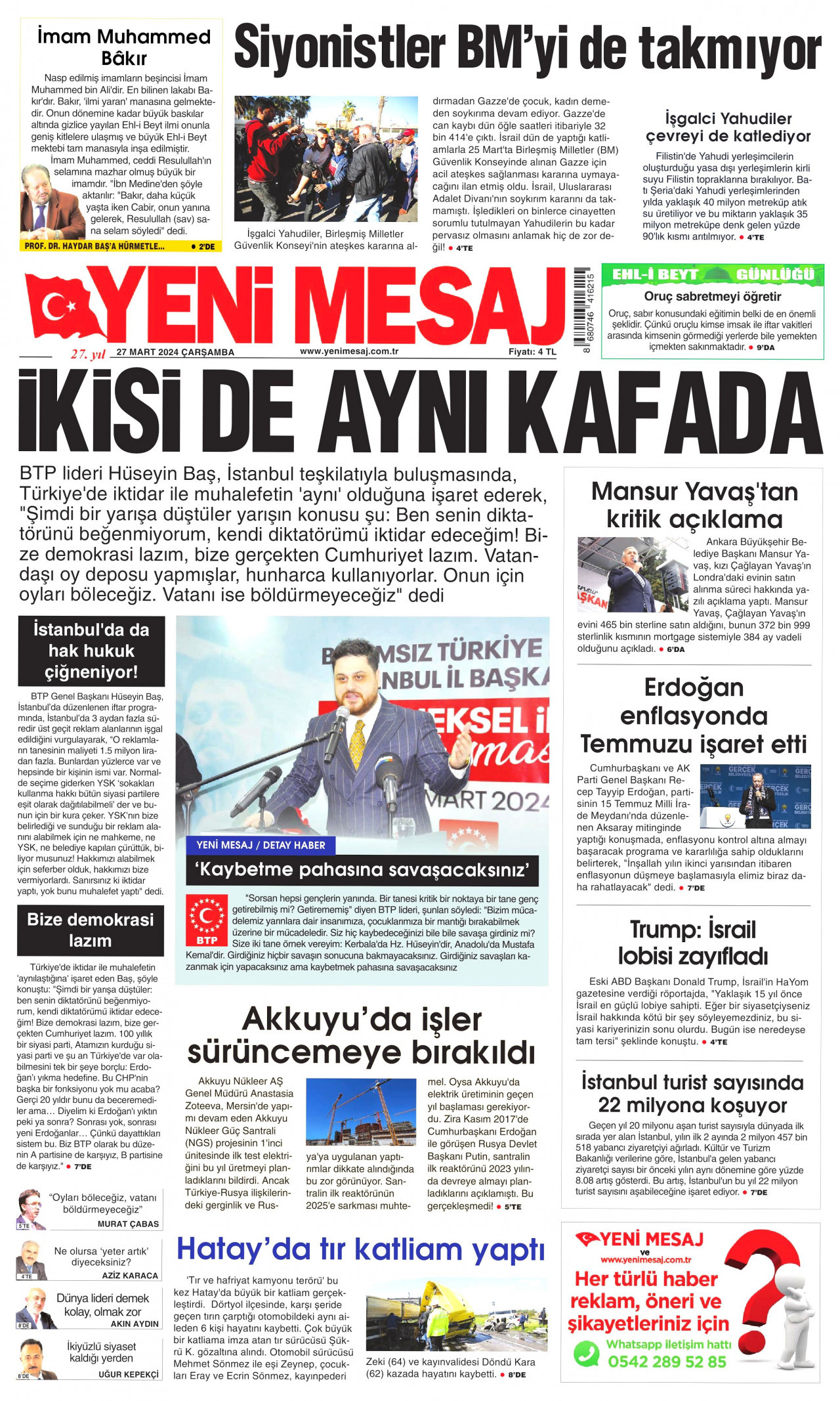 YENİ MESAJ gazetesinin 27 Mart 2024 tarihli birinci sayfası