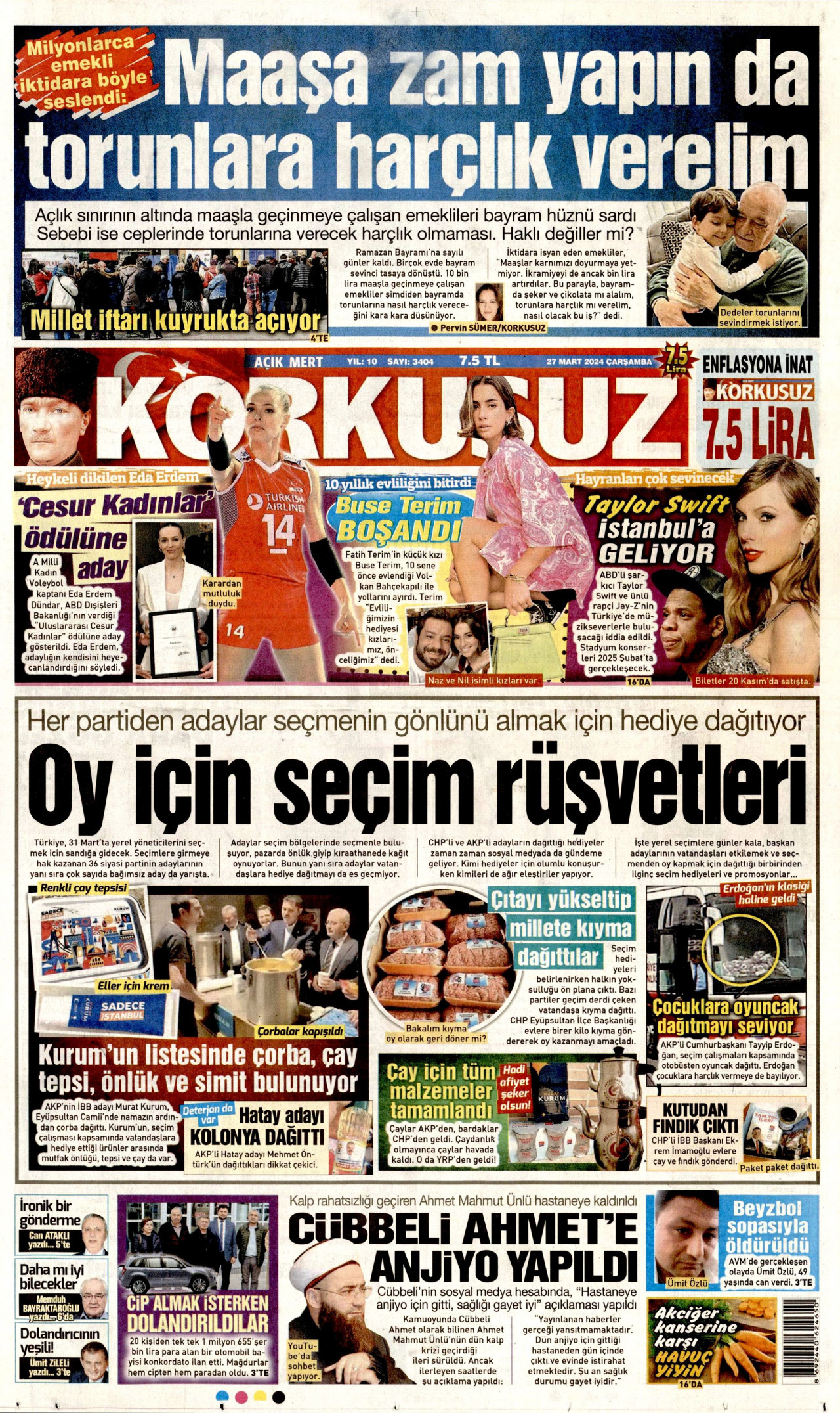 KORKUSUZ gazetesinin 27 Mart 2024 tarihli birinci sayfası