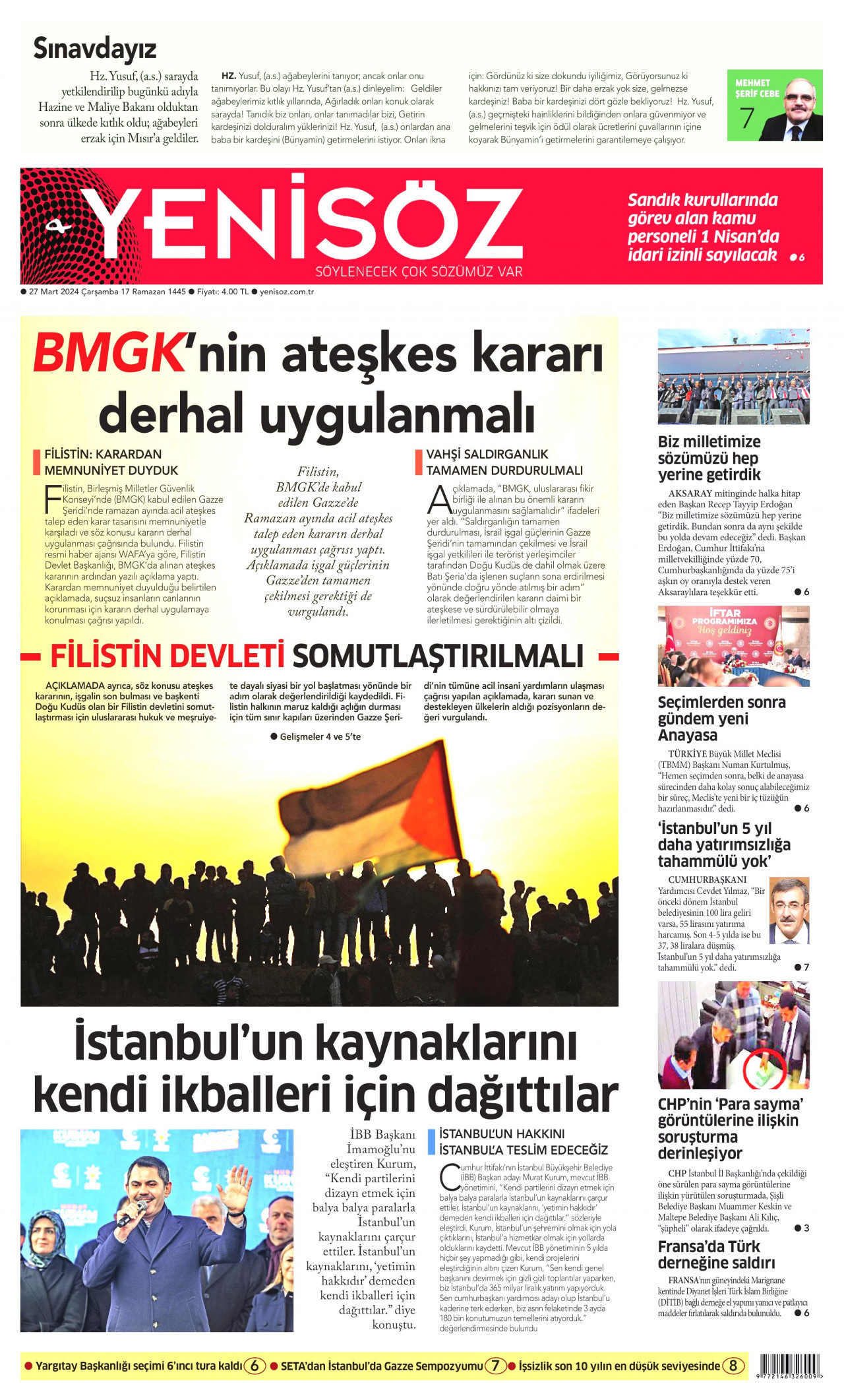 YENİ SÖZ GAZETESİ gazetesinin 27 Mart 2024 tarihli birinci sayfası