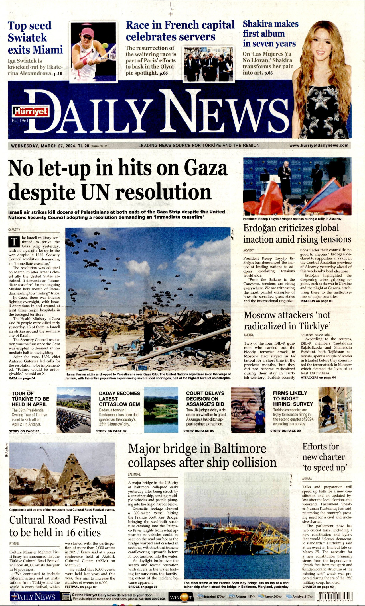 HÜRRİYET DAİLY NEWS gazetesinin 27 Mart 2024 tarihli birinci sayfası