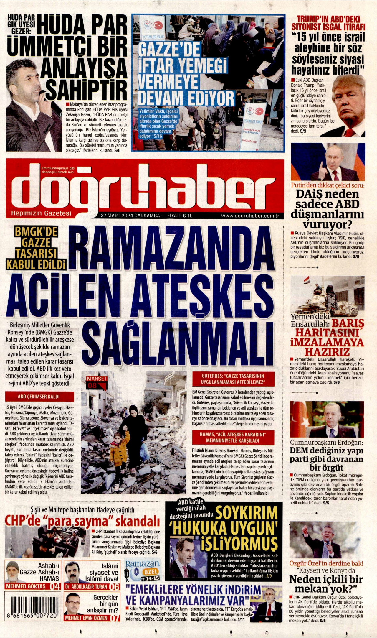 DOĞRU HABER gazetesinin 27 Mart 2024 tarihli birinci sayfası