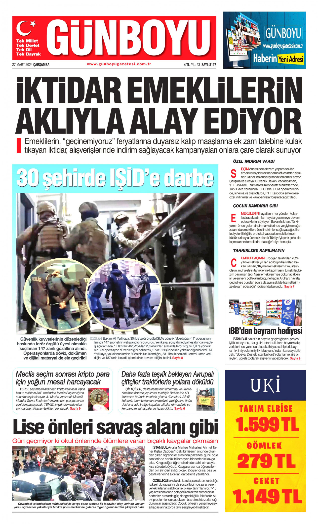 GÜNBOYU gazetesinin 27 Mart 2024 tarihli birinci sayfası