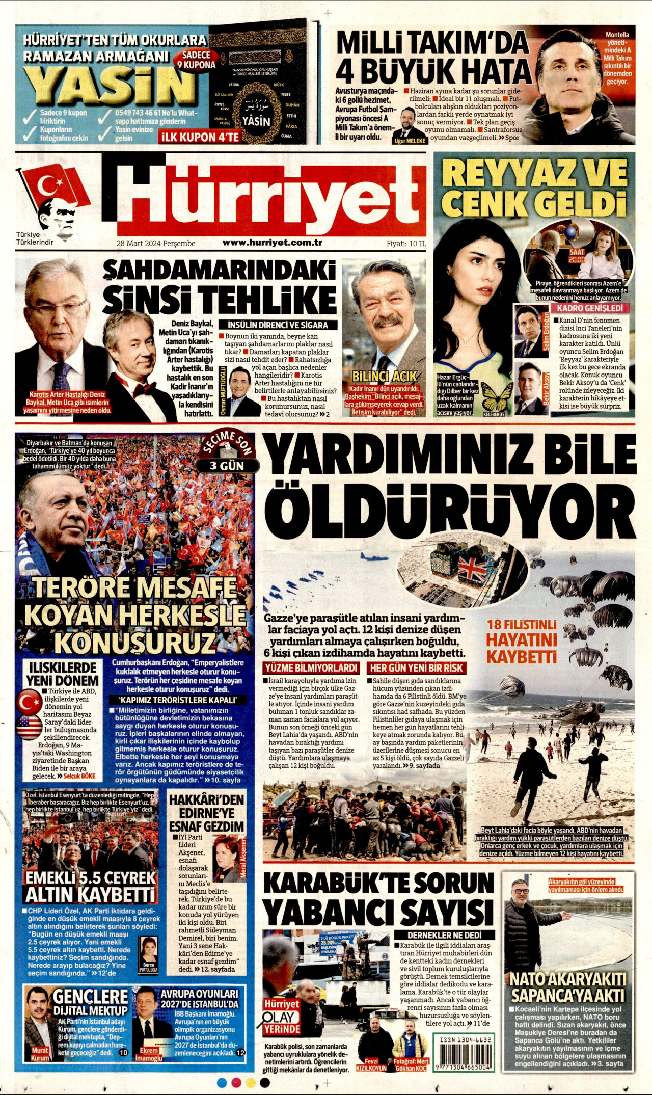 HÜRRİYET gazetesinin 28 Mart 2024 tarihli birinci sayfası