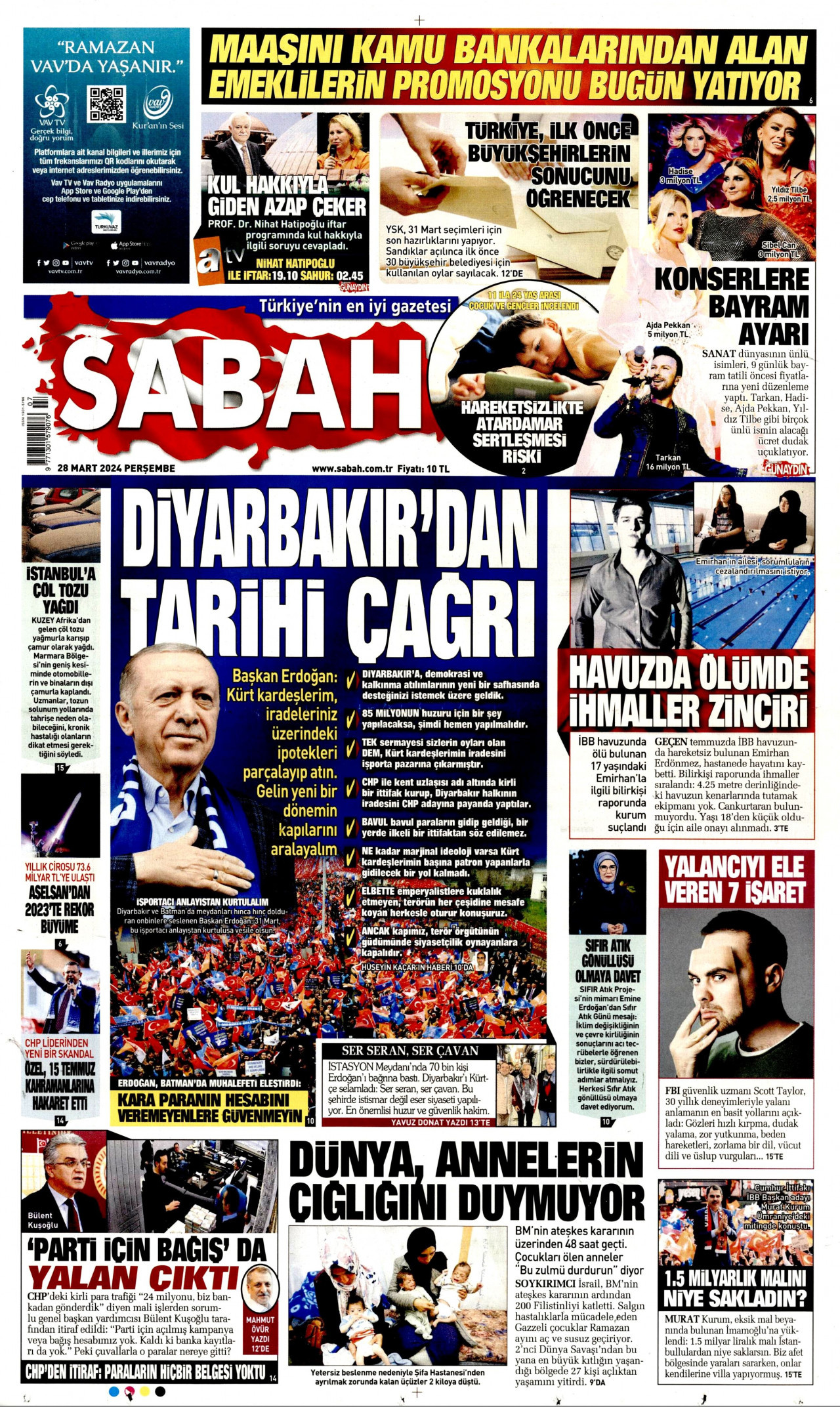 SABAH gazetesinin 28 Mart 2024 tarihli birinci sayfası