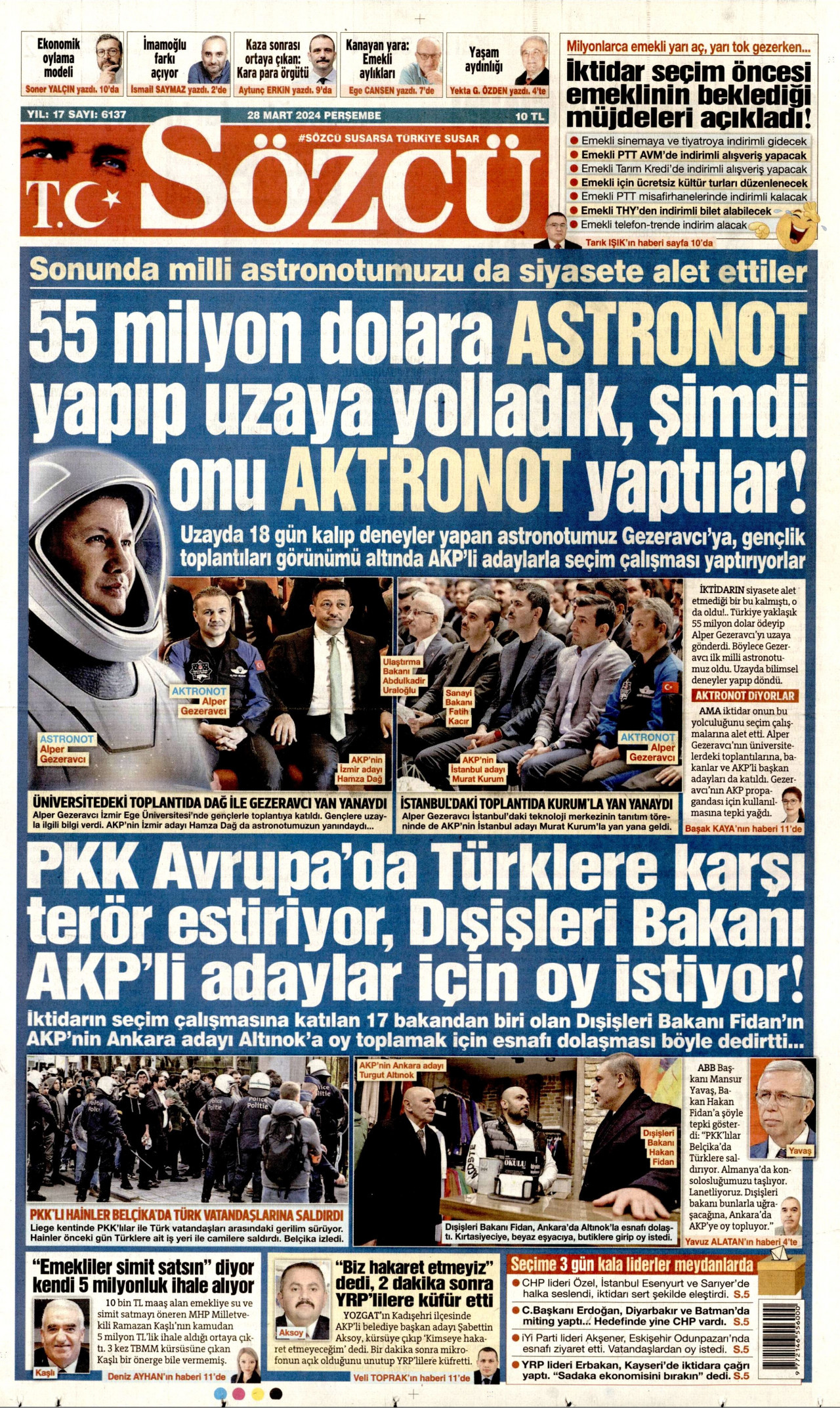 SÖZCÜ gazetesinin 28 Mart 2024 tarihli birinci sayfası