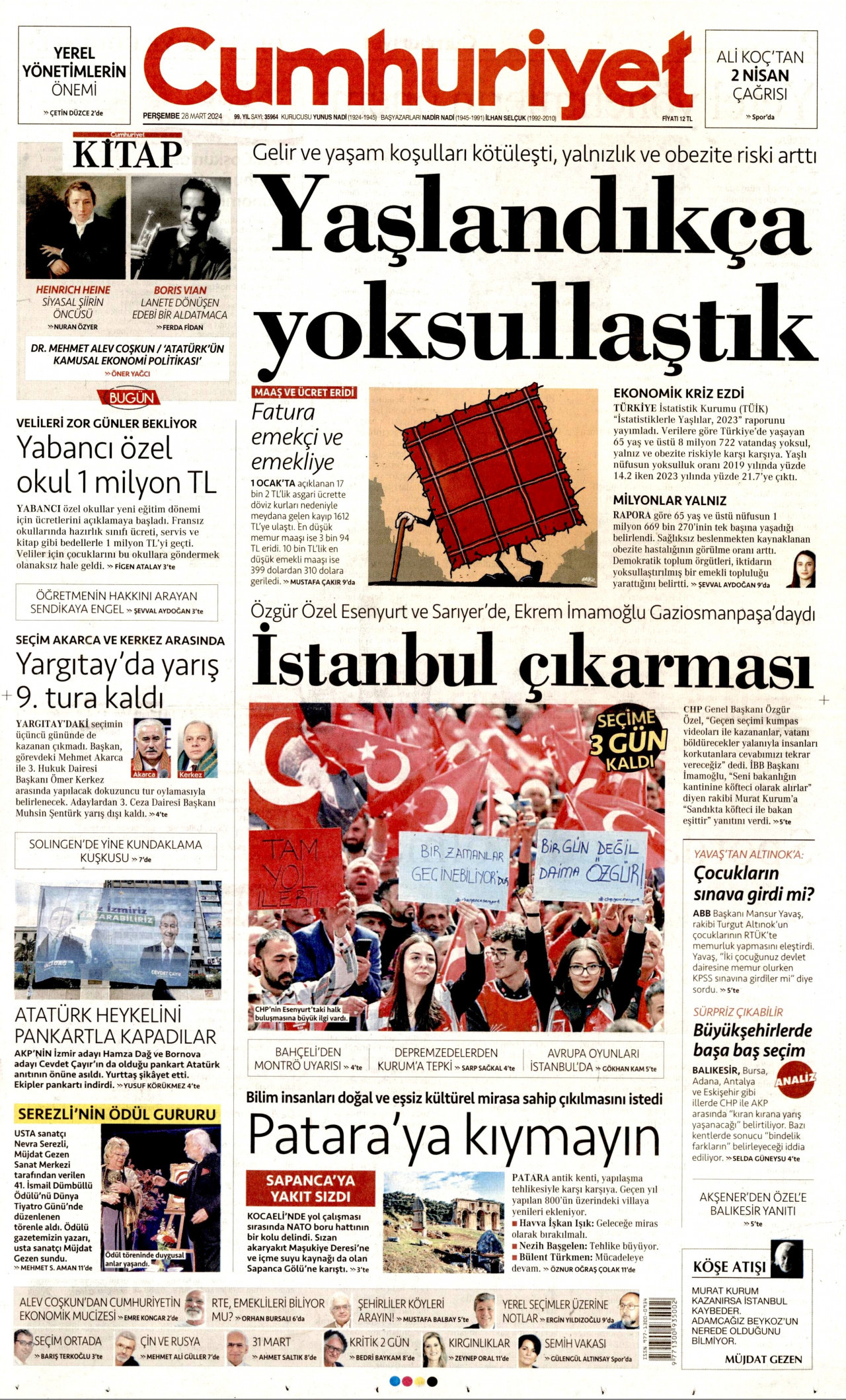 CUMHURİYET gazetesinin 28 Mart 2024 tarihli birinci sayfası