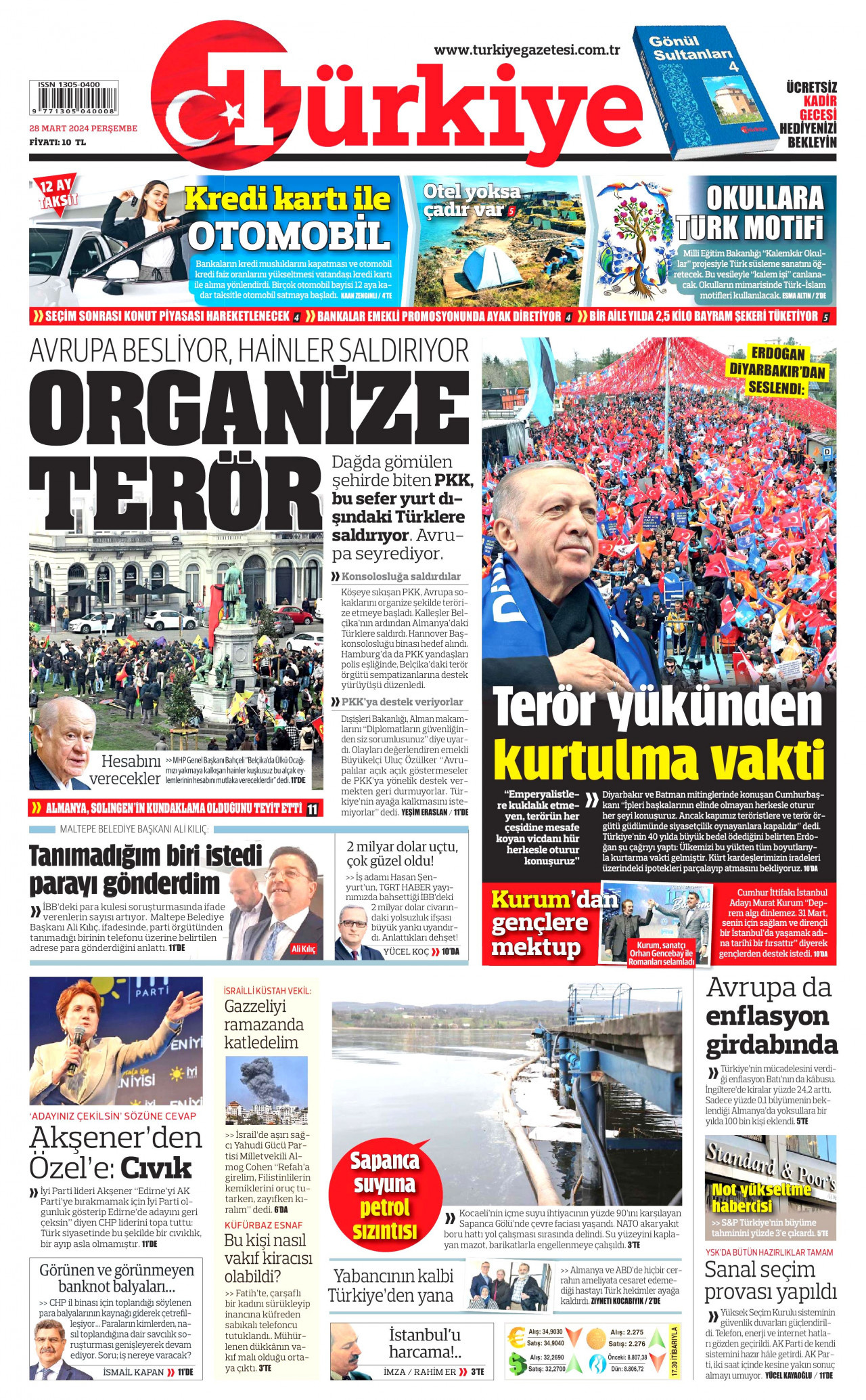 TÜRKİYE GAZETESİ gazetesinin 28 Mart 2024 tarihli birinci sayfası