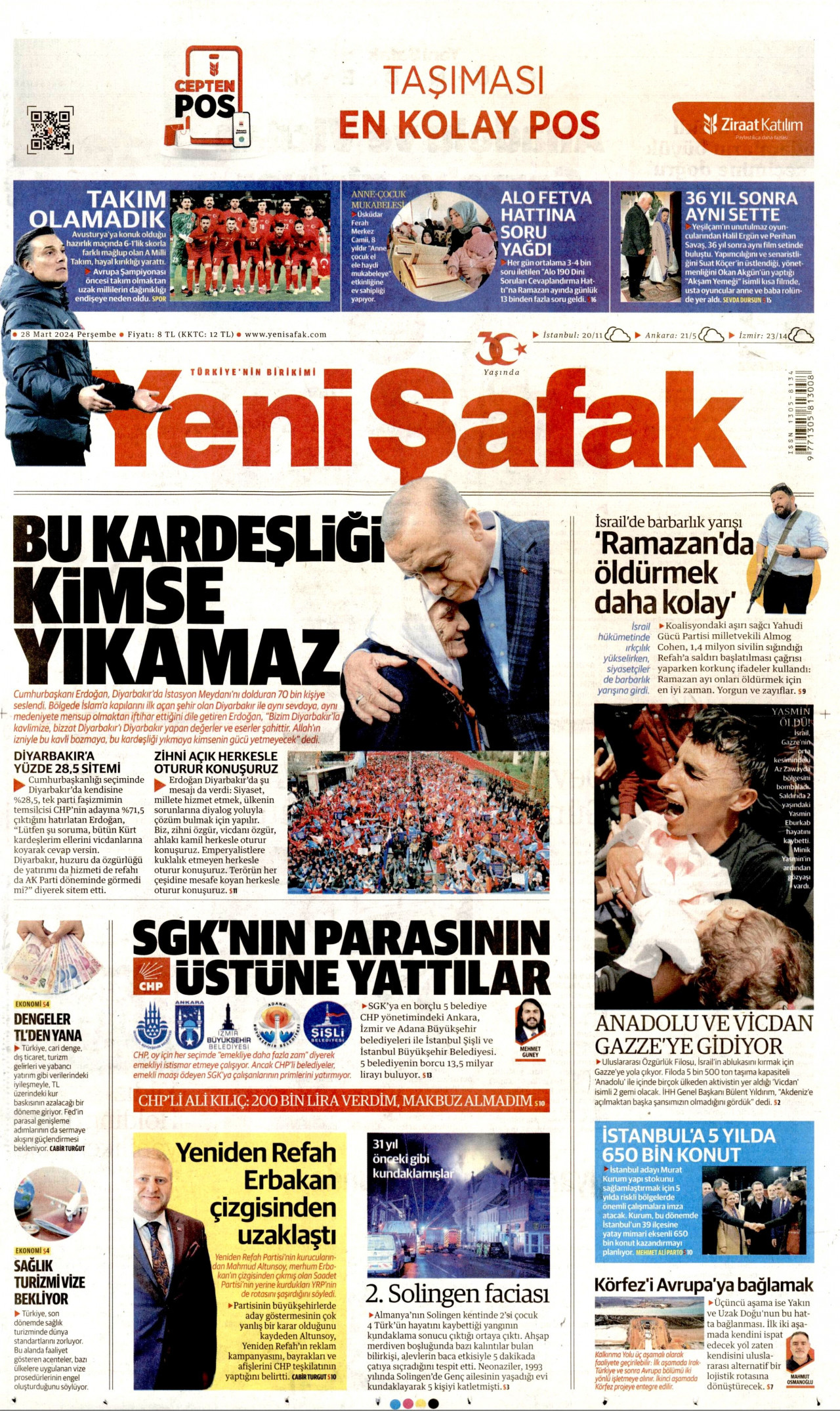 YENİ ŞAFAK gazetesinin 28 Mart 2024 tarihli birinci sayfası