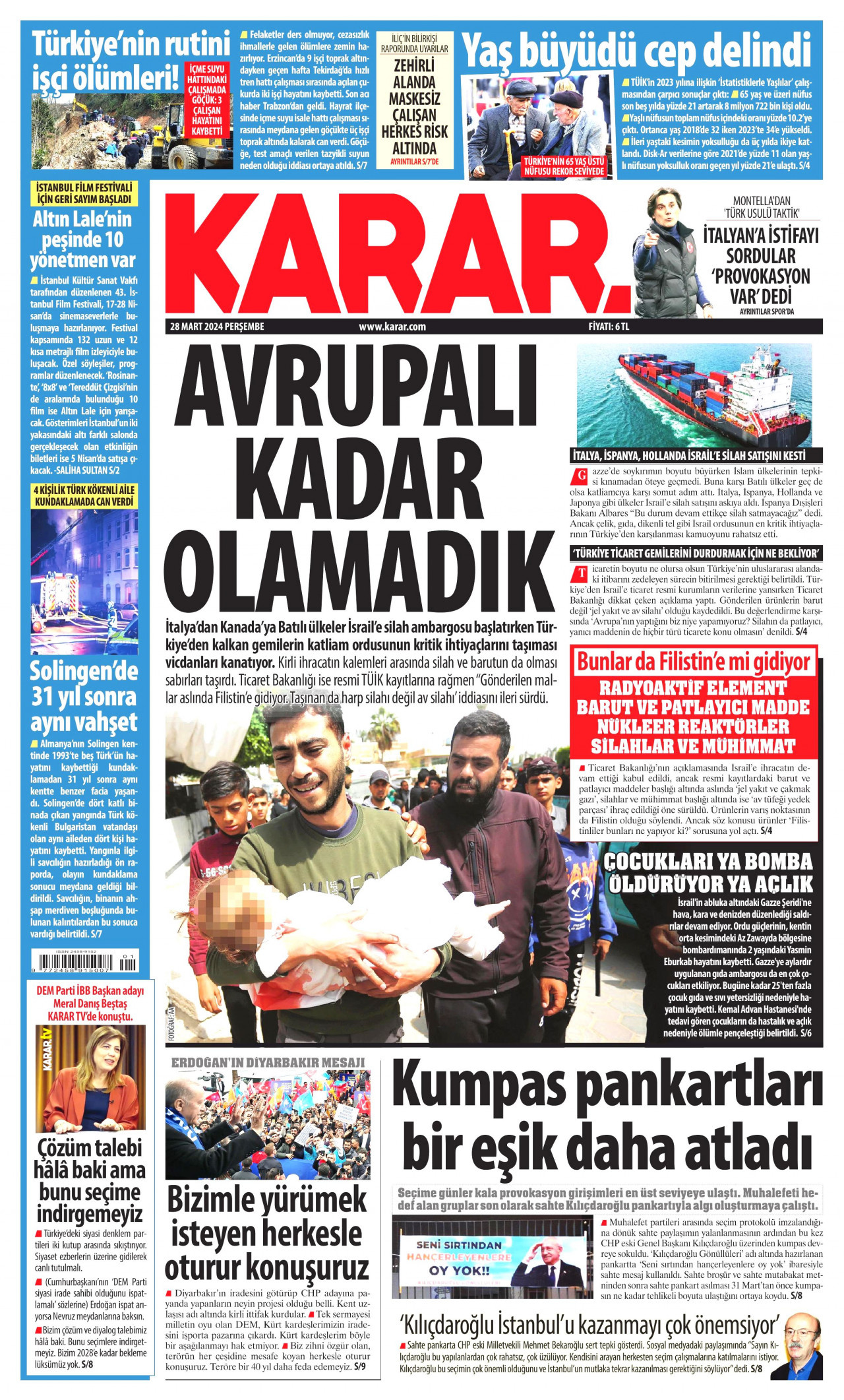 KARAR gazetesinin 28 Mart 2024 tarihli birinci sayfası