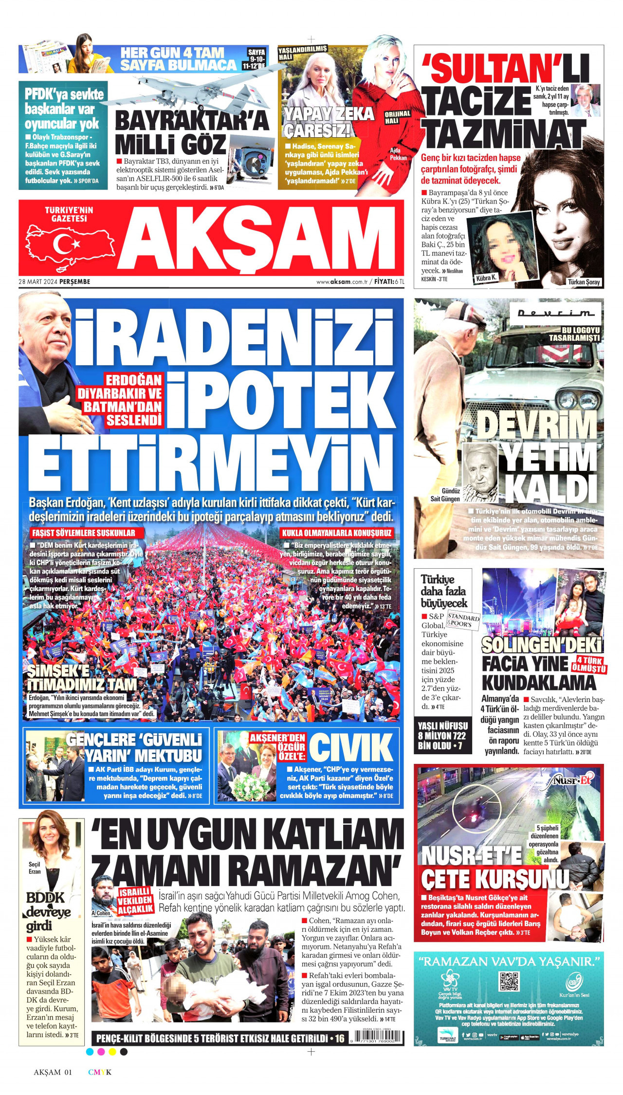 AKŞAM gazetesinin 28 Mart 2024 tarihli birinci sayfası