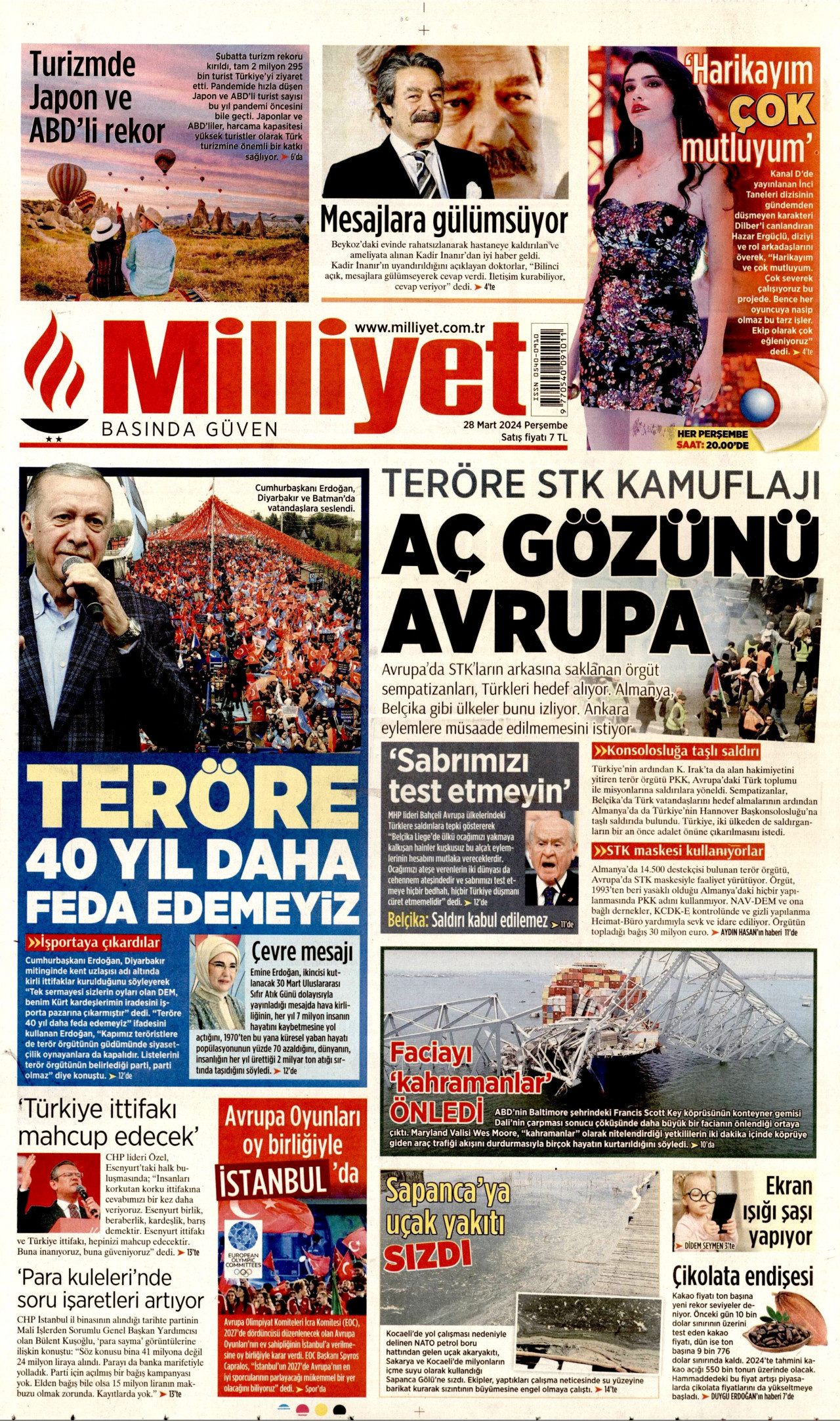 MİLLİYET gazetesinin 28 Mart 2024 tarihli birinci sayfası