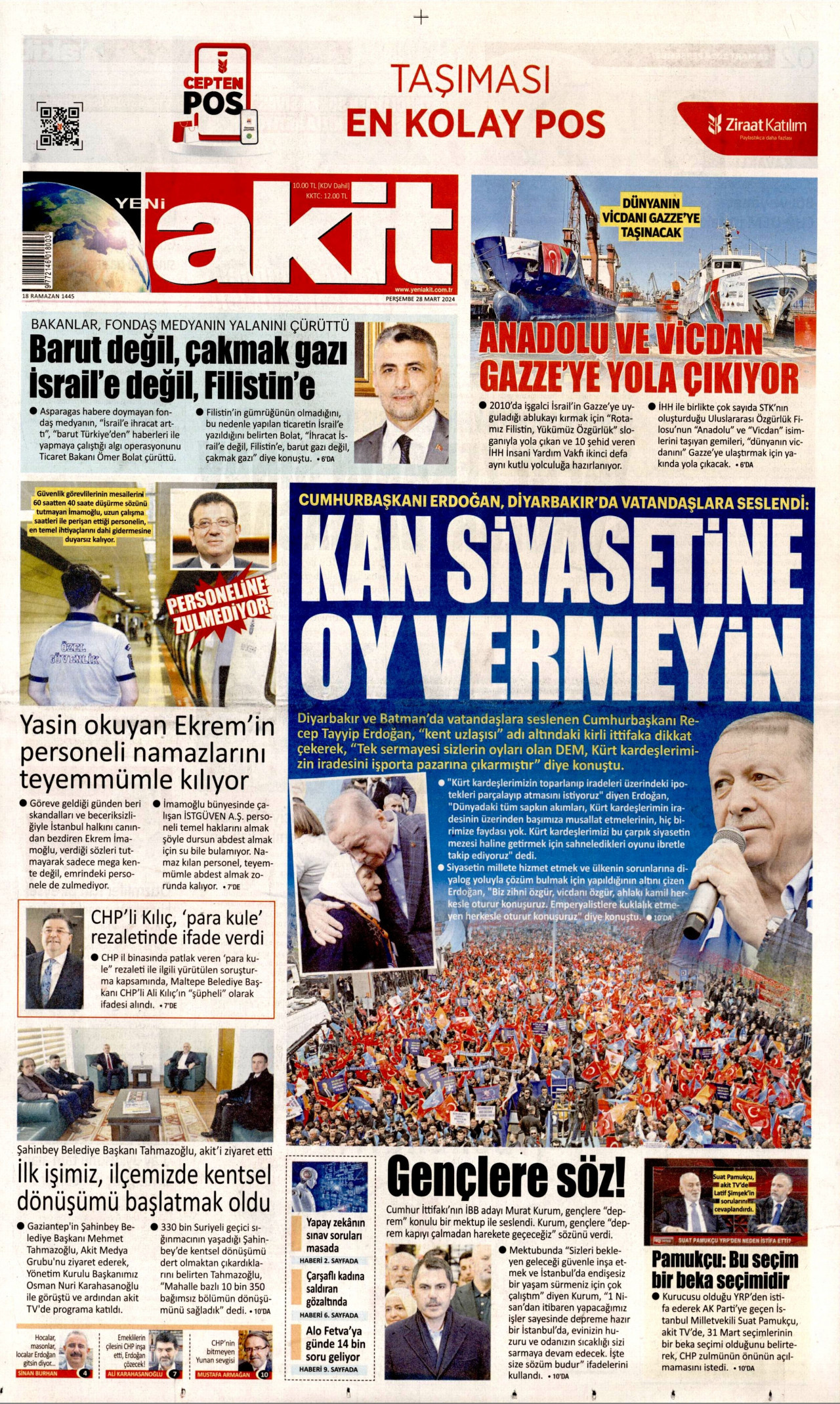 YENİ AKİT gazetesinin 28 Mart 2024 tarihli birinci sayfası