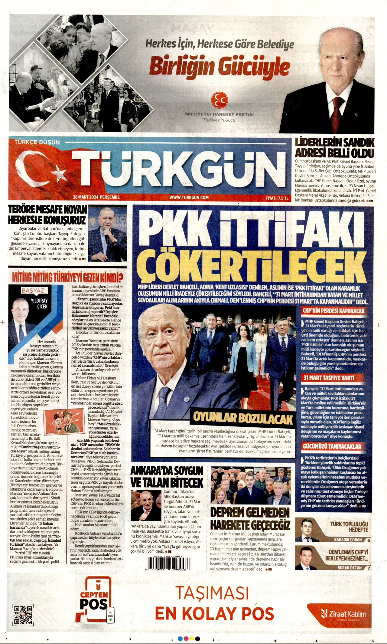 TÜRKGÜN gazetesinin 28 Mart 2024 tarihli birinci sayfası