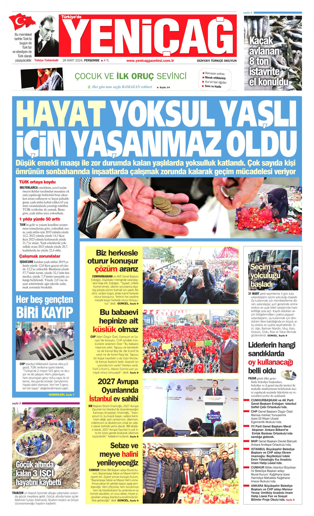 YENİÇAĞ gazetesinin 28 Mart 2024 tarihli birinci sayfası