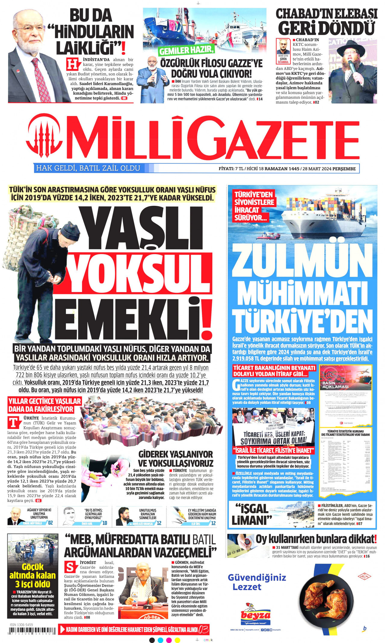 MİLLİ GAZETE gazetesinin 28 Mart 2024 tarihli birinci sayfası
