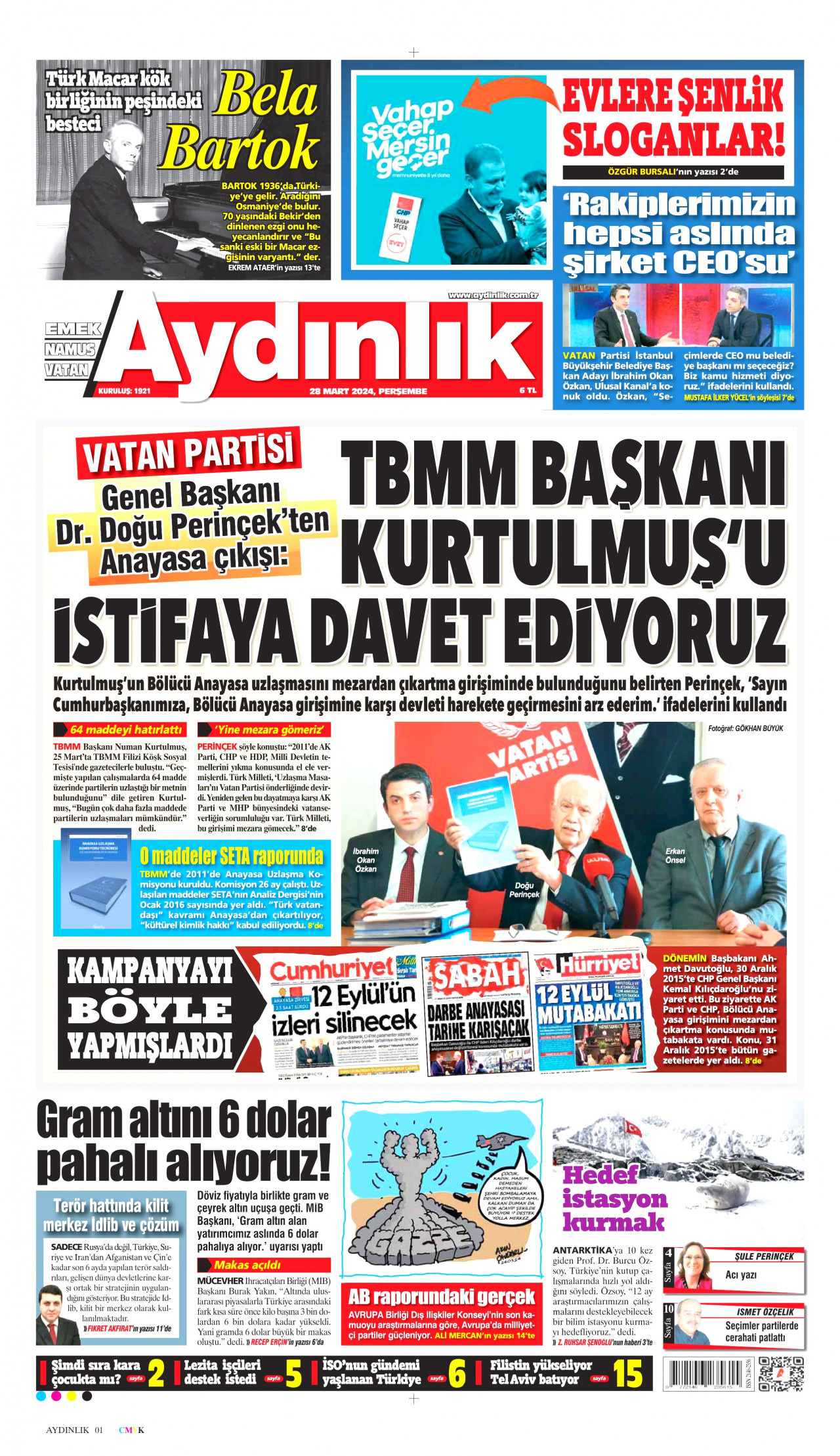 AYDINLIK GAZETESİ gazetesinin 28 Mart 2024 tarihli birinci sayfası