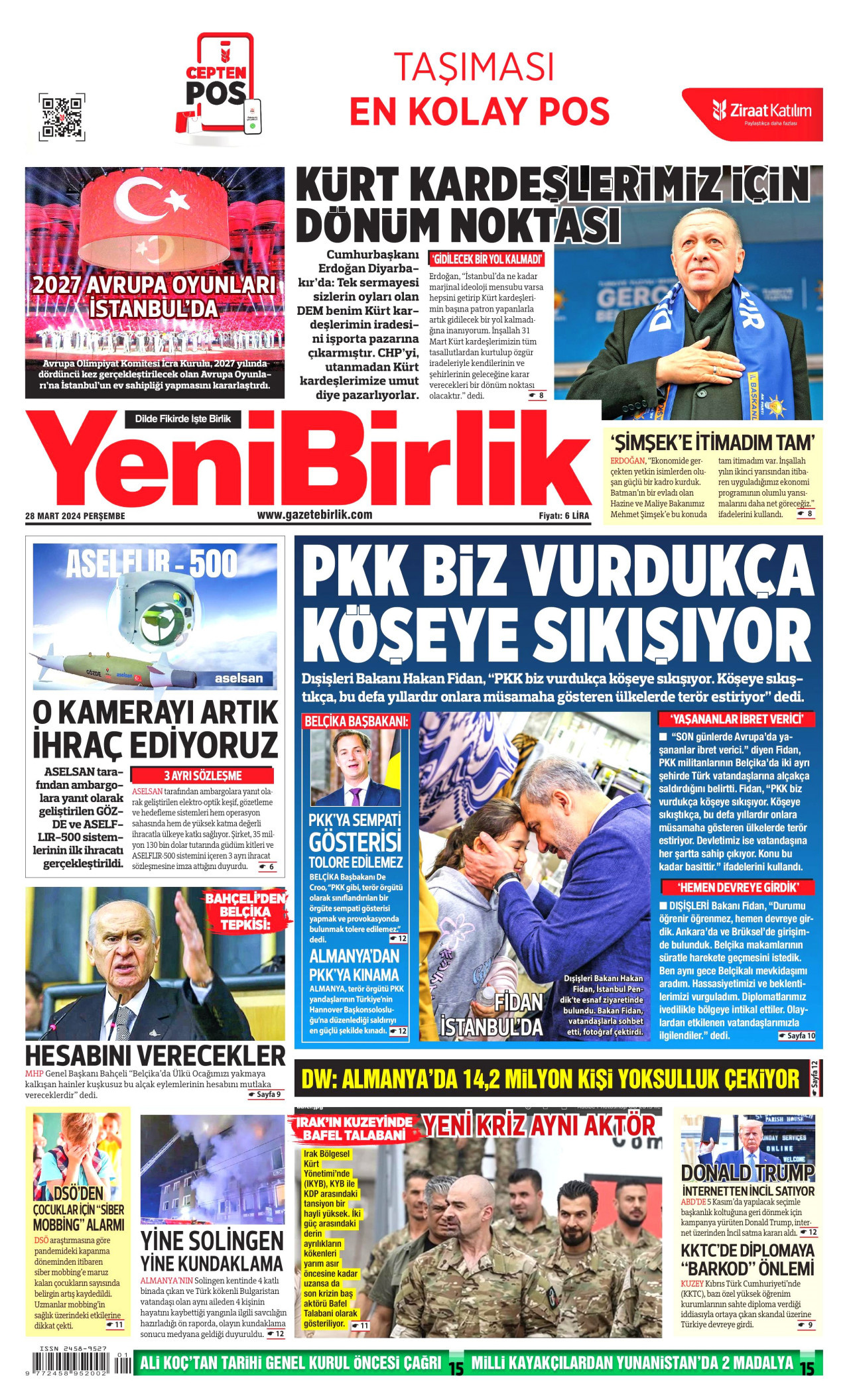 YENİBİRLİK gazetesinin 28 Mart 2024 tarihli birinci sayfası
