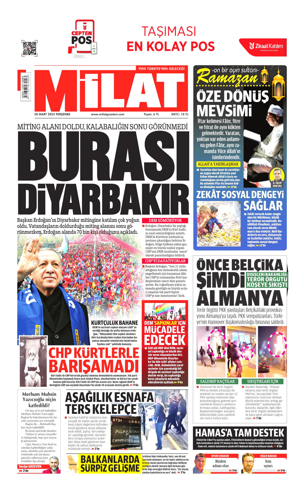 MİLAT gazetesinin 28 Mart 2024 tarihli birinci sayfası