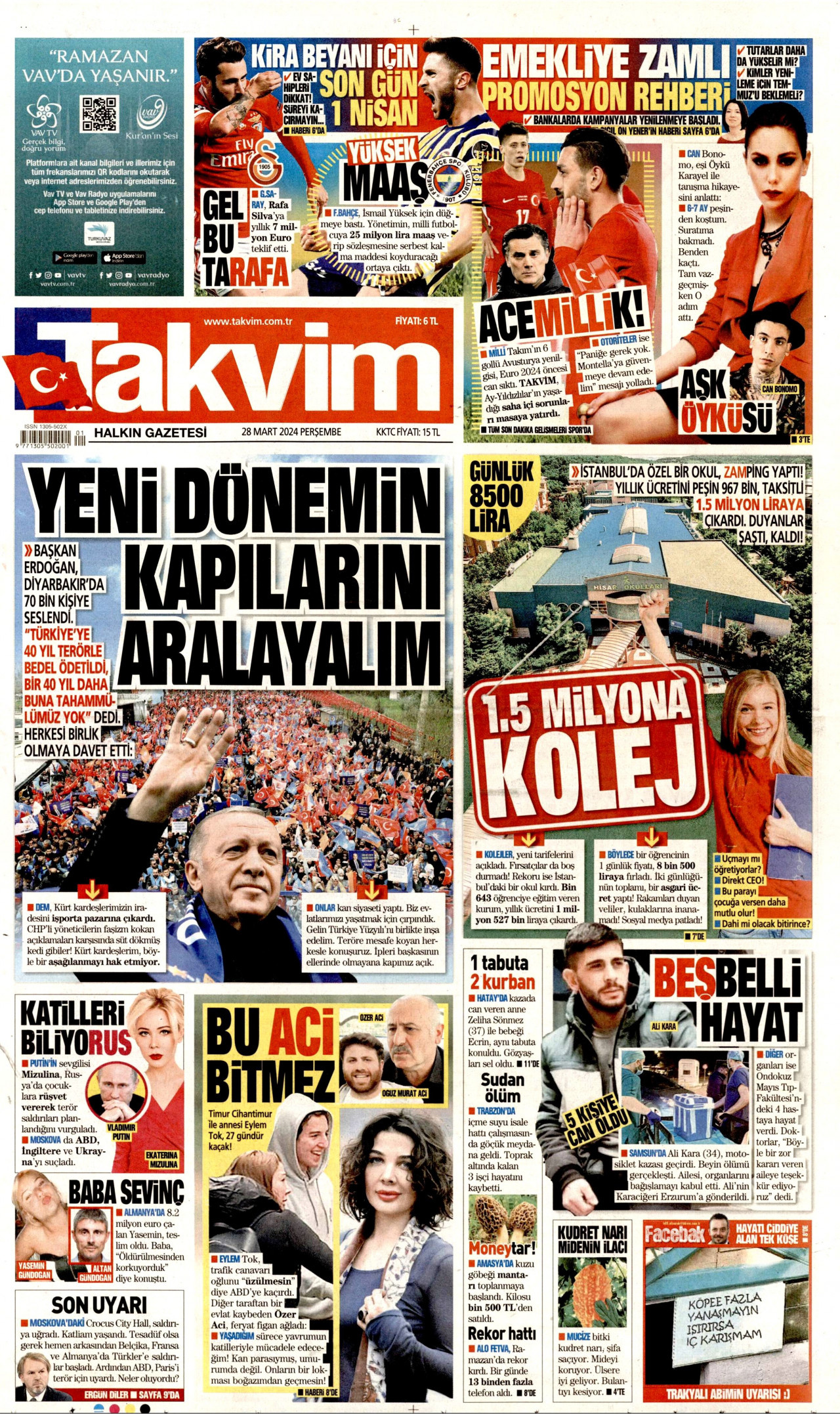 TAKVİM gazetesinin 28 Mart 2024 tarihli birinci sayfası