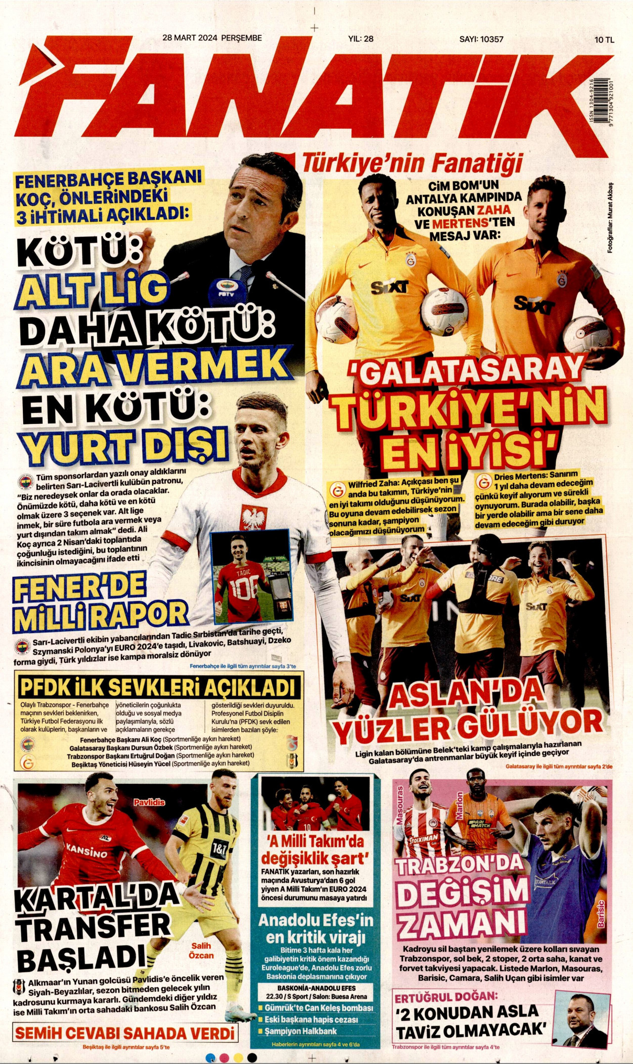FANATİK gazetesinin 28 Mart 2024 tarihli birinci sayfası