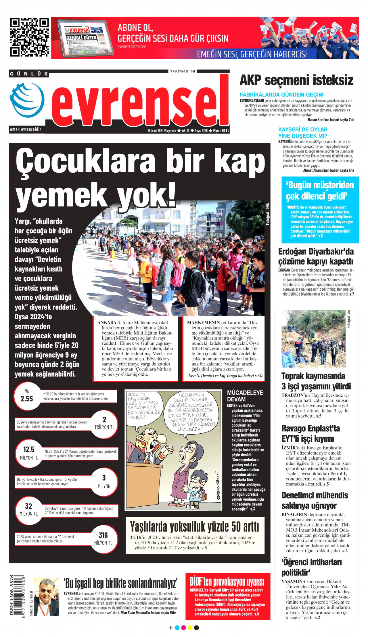 EVRENSEL gazetesinin 28 Mart 2024 tarihli birinci sayfası