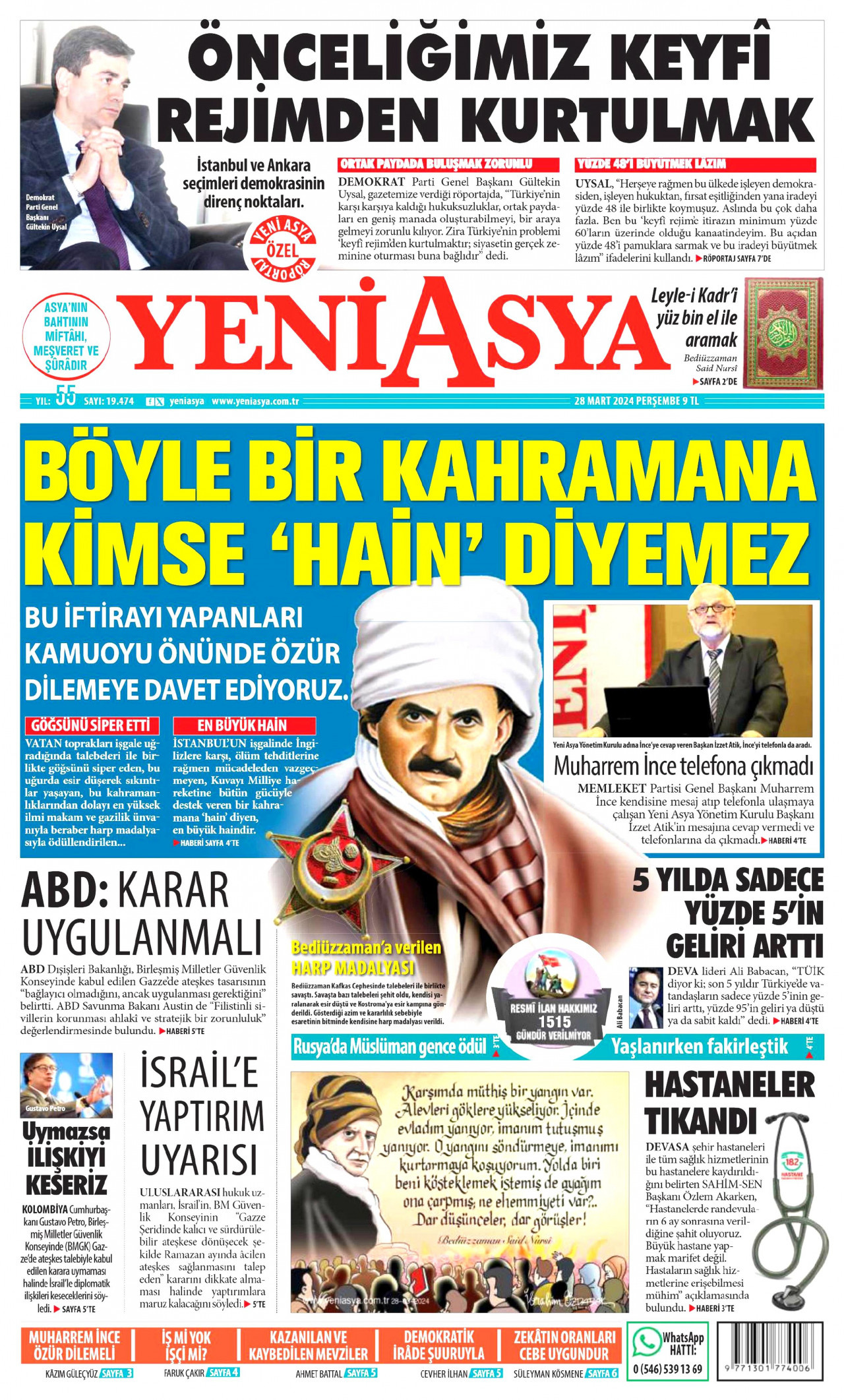 YENİ ASYA gazetesinin 28 Mart 2024 tarihli birinci sayfası