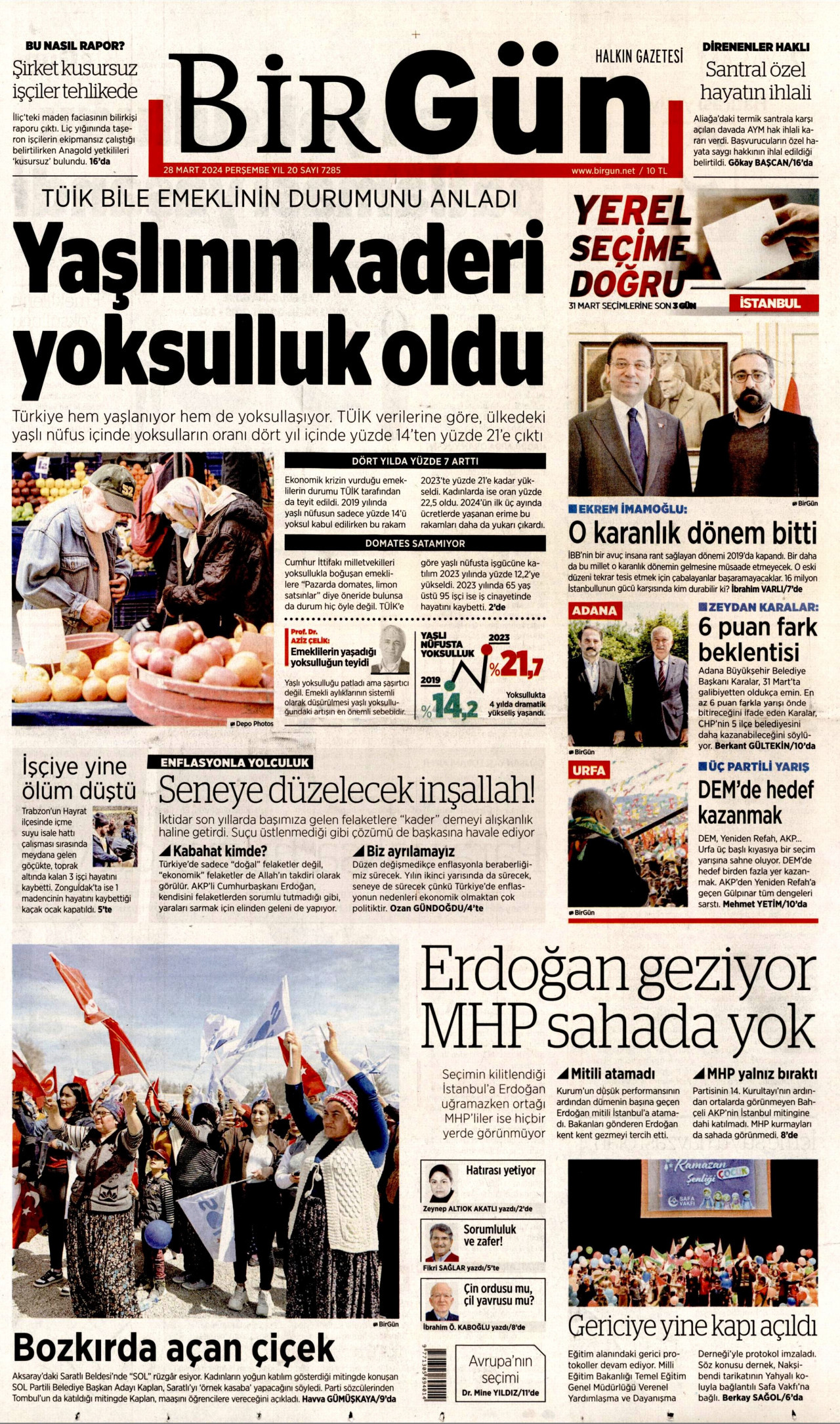 BİRGÜN gazetesinin 28 Mart 2024 tarihli birinci sayfası