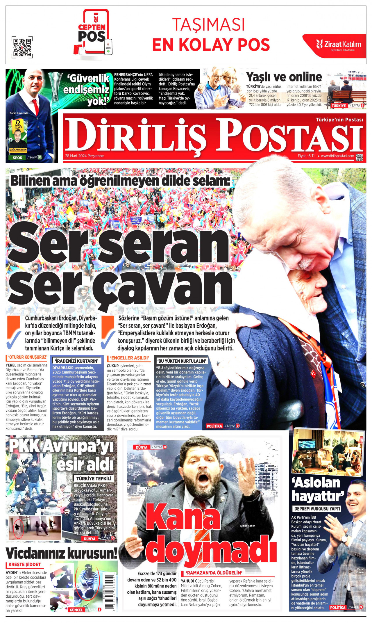 DİRİLİŞ POSTASI gazetesinin 28 Mart 2024 tarihli birinci sayfası