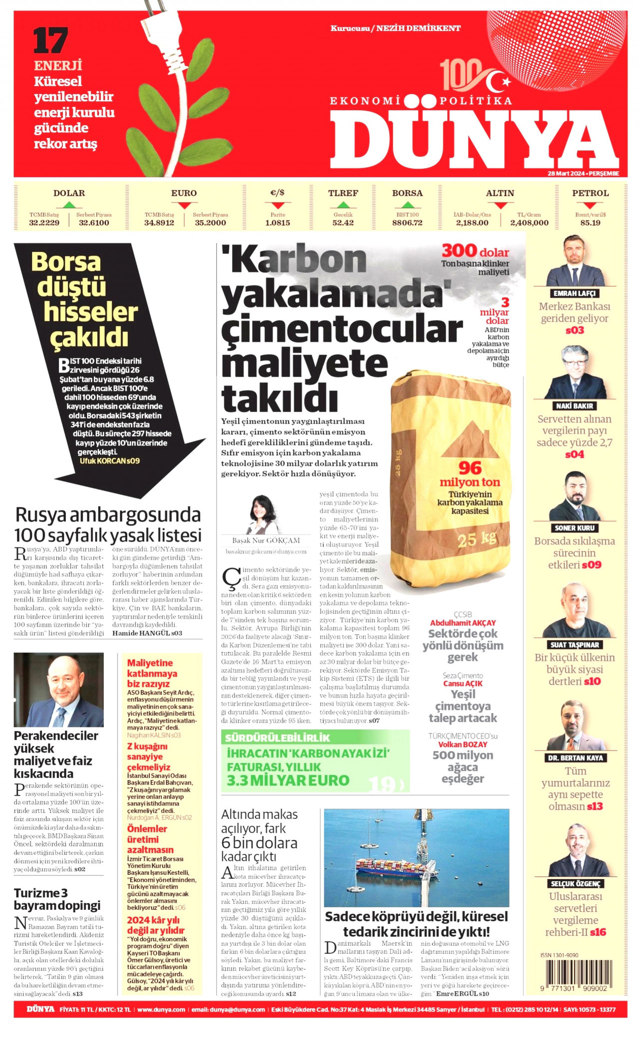 DÜNYA gazetesinin 28 Mart 2024 tarihli birinci sayfası