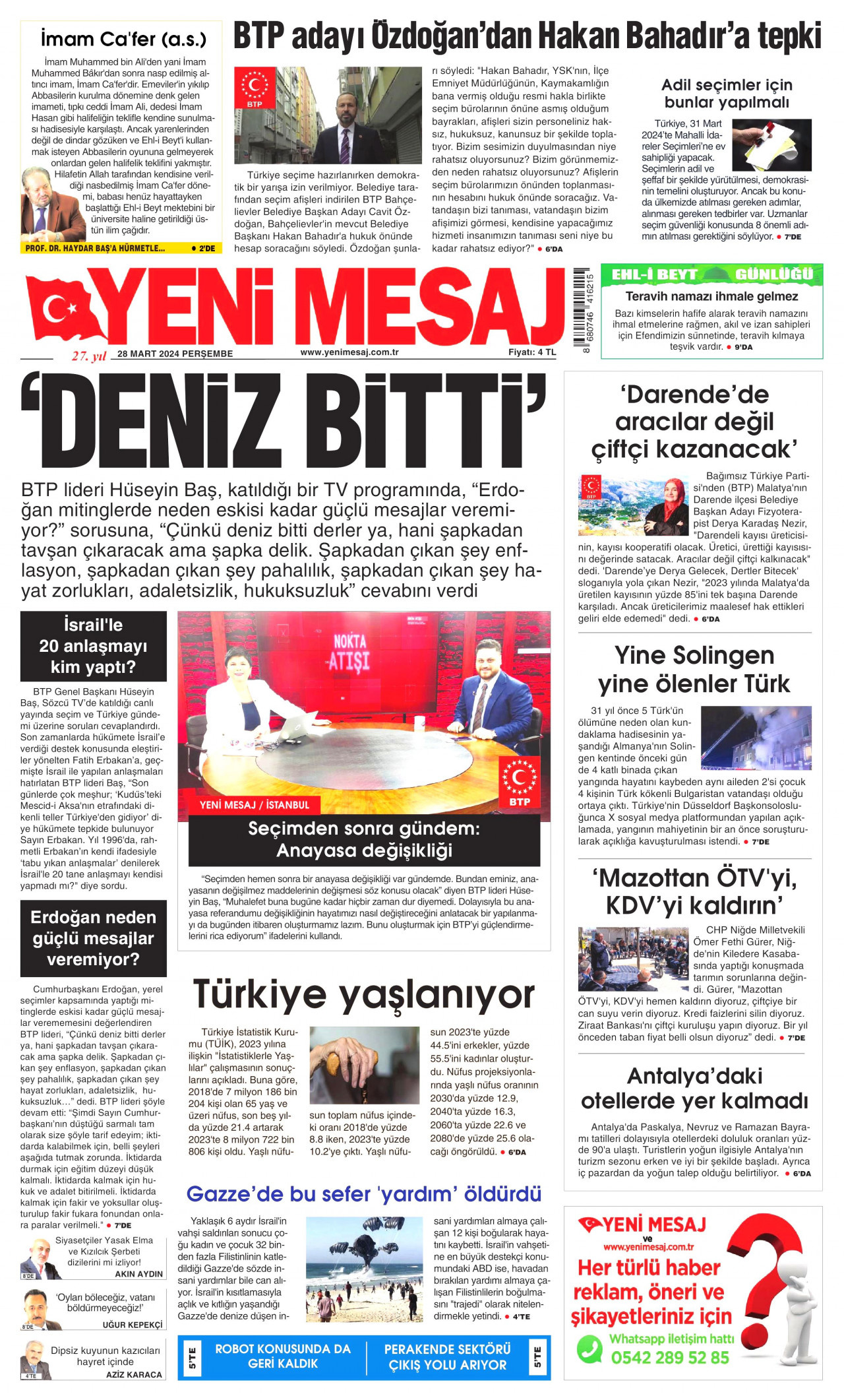 YENİ MESAJ gazetesinin 28 Mart 2024 tarihli birinci sayfası