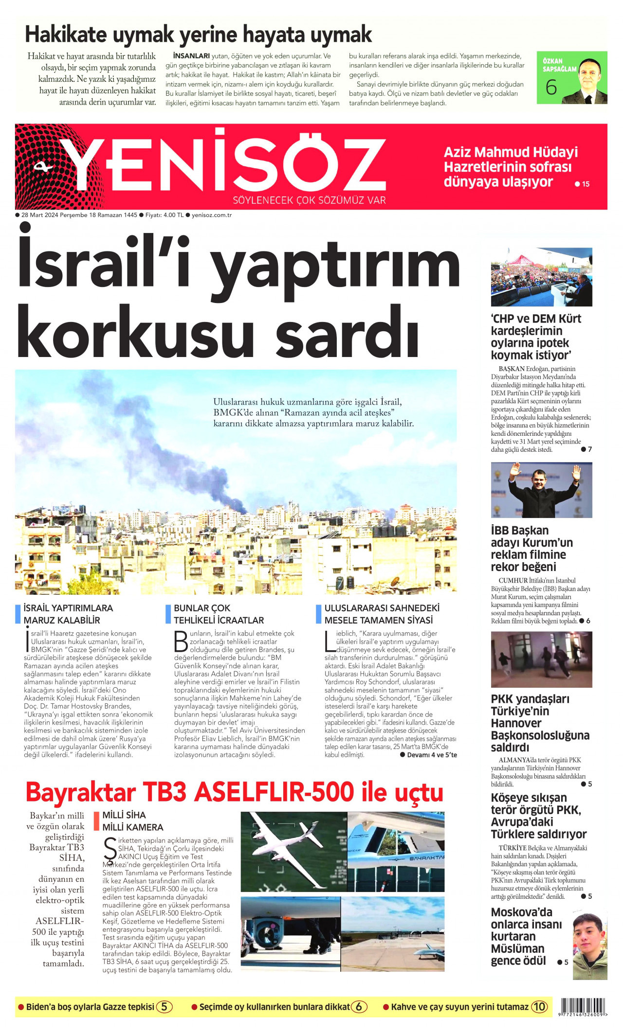 YENİ SÖZ GAZETESİ gazetesinin 28 Mart 2024 tarihli birinci sayfası