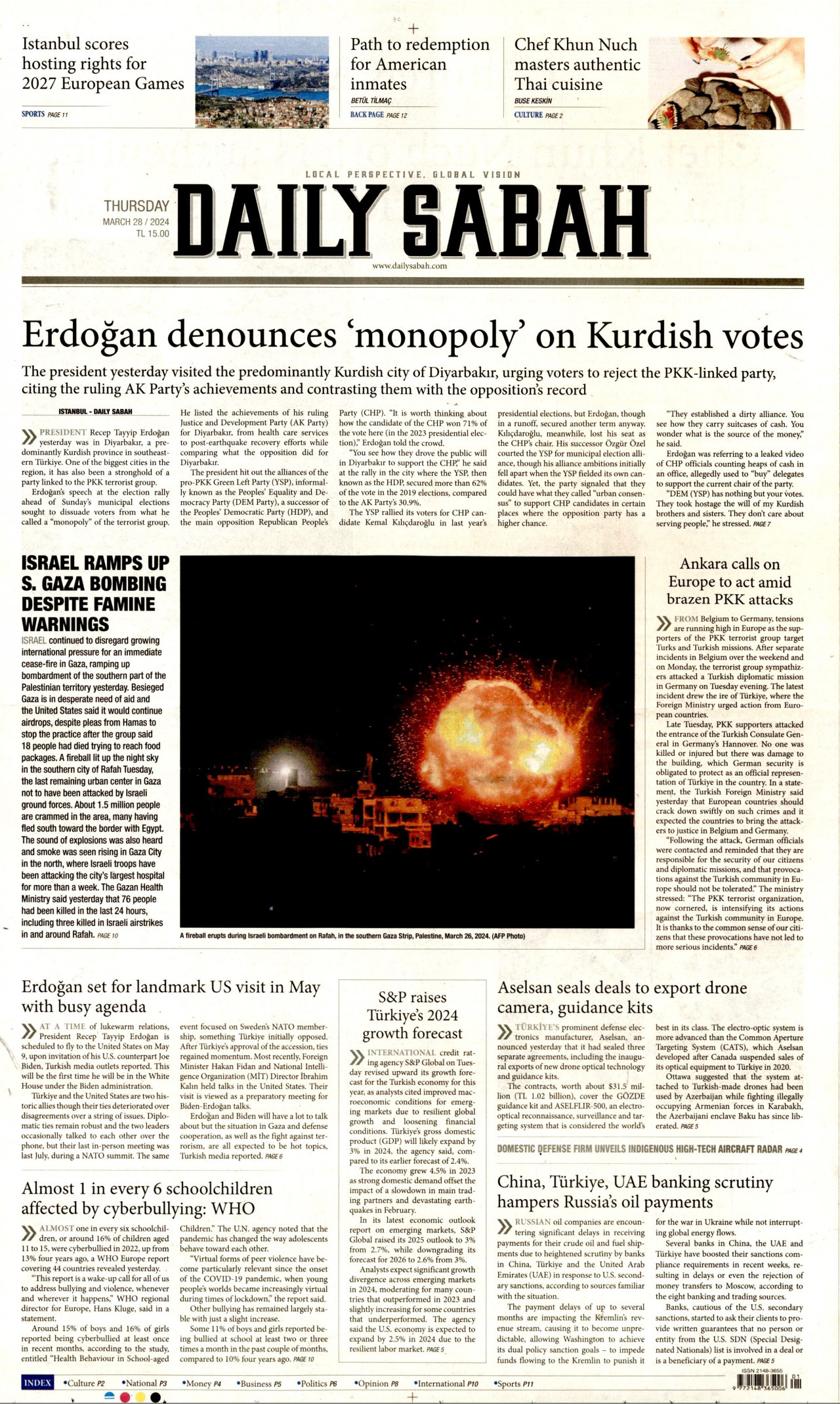DAİLY SABAH gazetesinin 28 Mart 2024 tarihli birinci sayfası