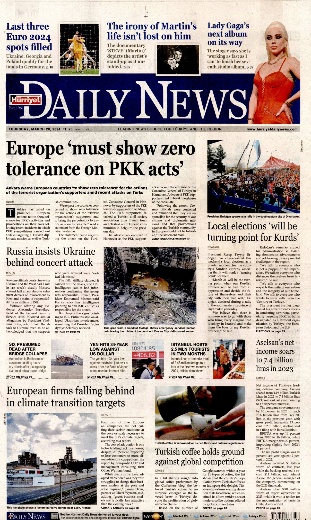 HÜRRİYET DAİLY NEWS gazetesinin 28 Mart 2024 tarihli birinci sayfası